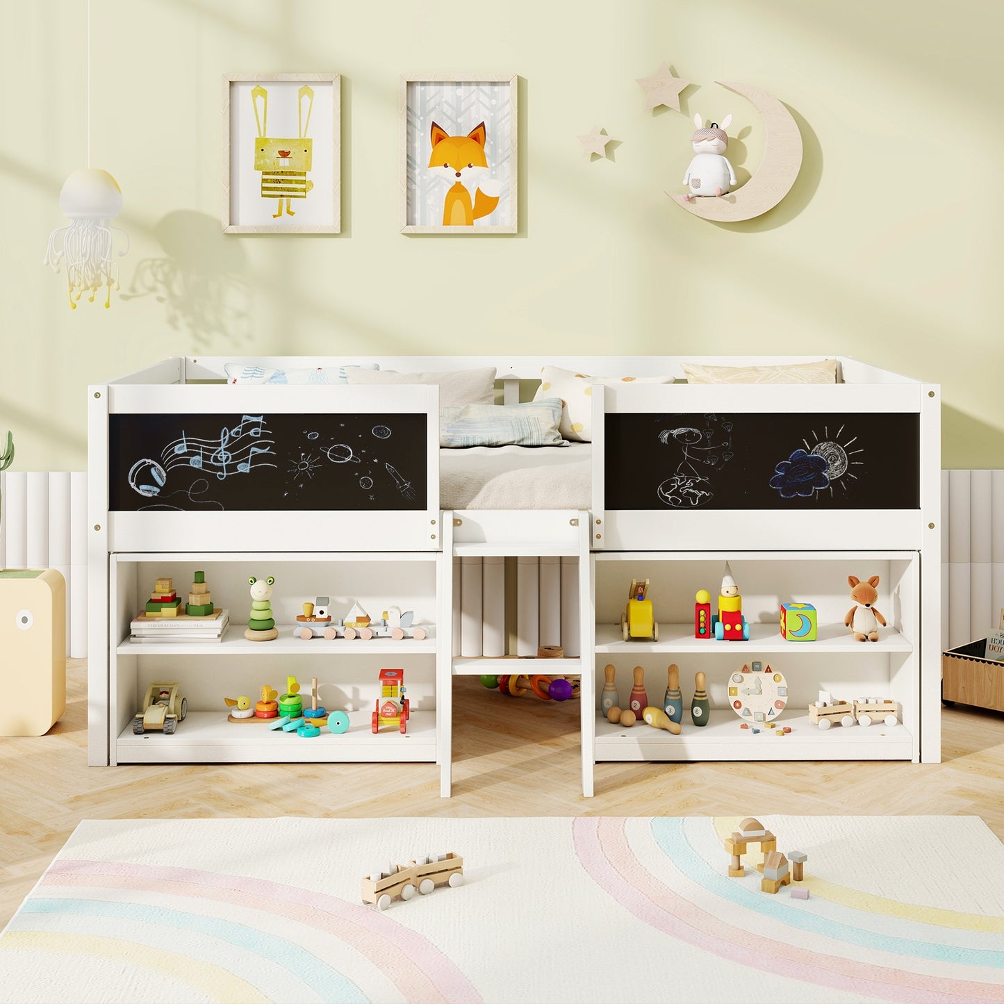 Kid Twin Size Low Loft Bed with Chalkboard Ramp Ladder and Bookcases-White Kids Crystal
