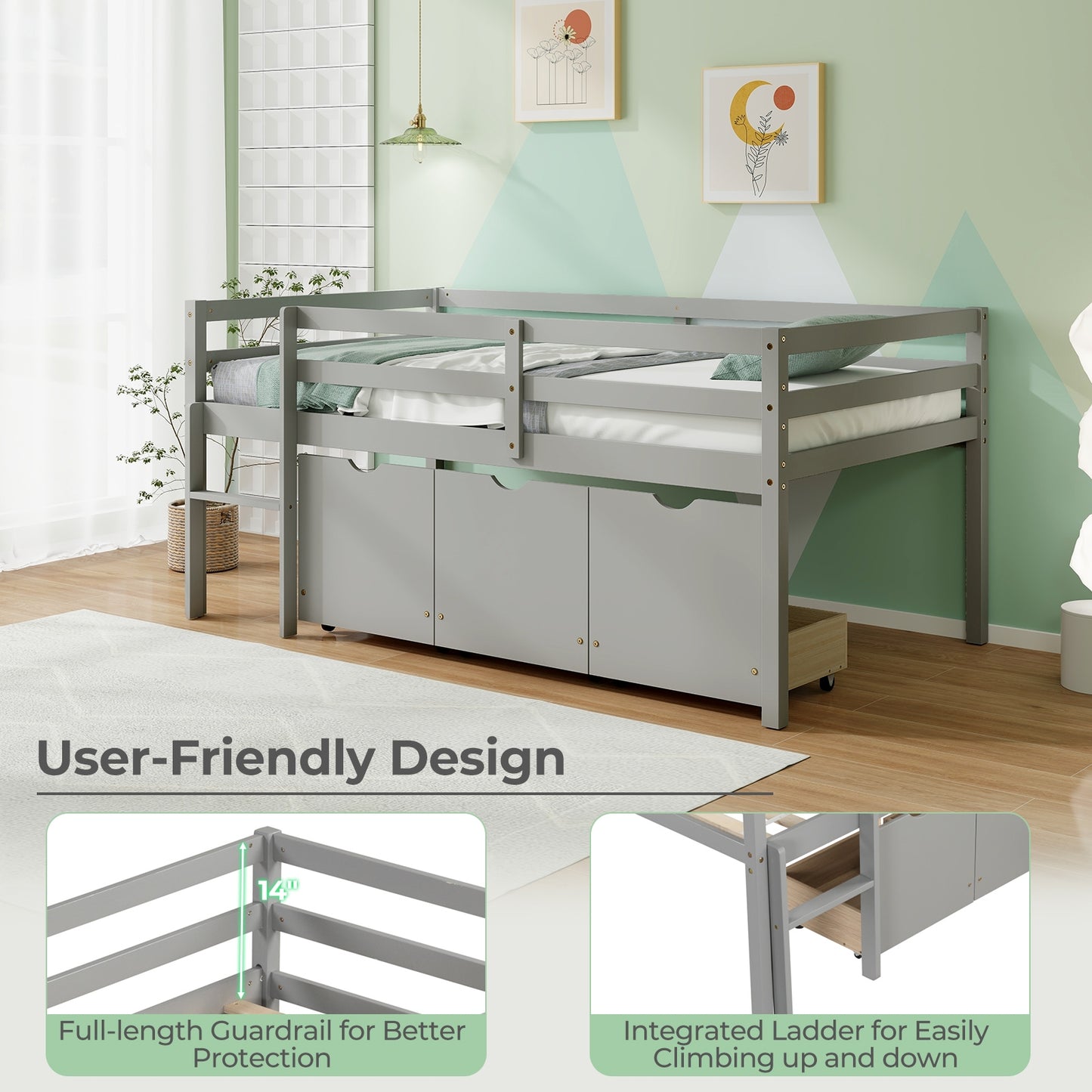 Twin Size Low Loft Bed with 3 Drawers with Ladder and Full-length Guardrails-Gray Kids Crystal