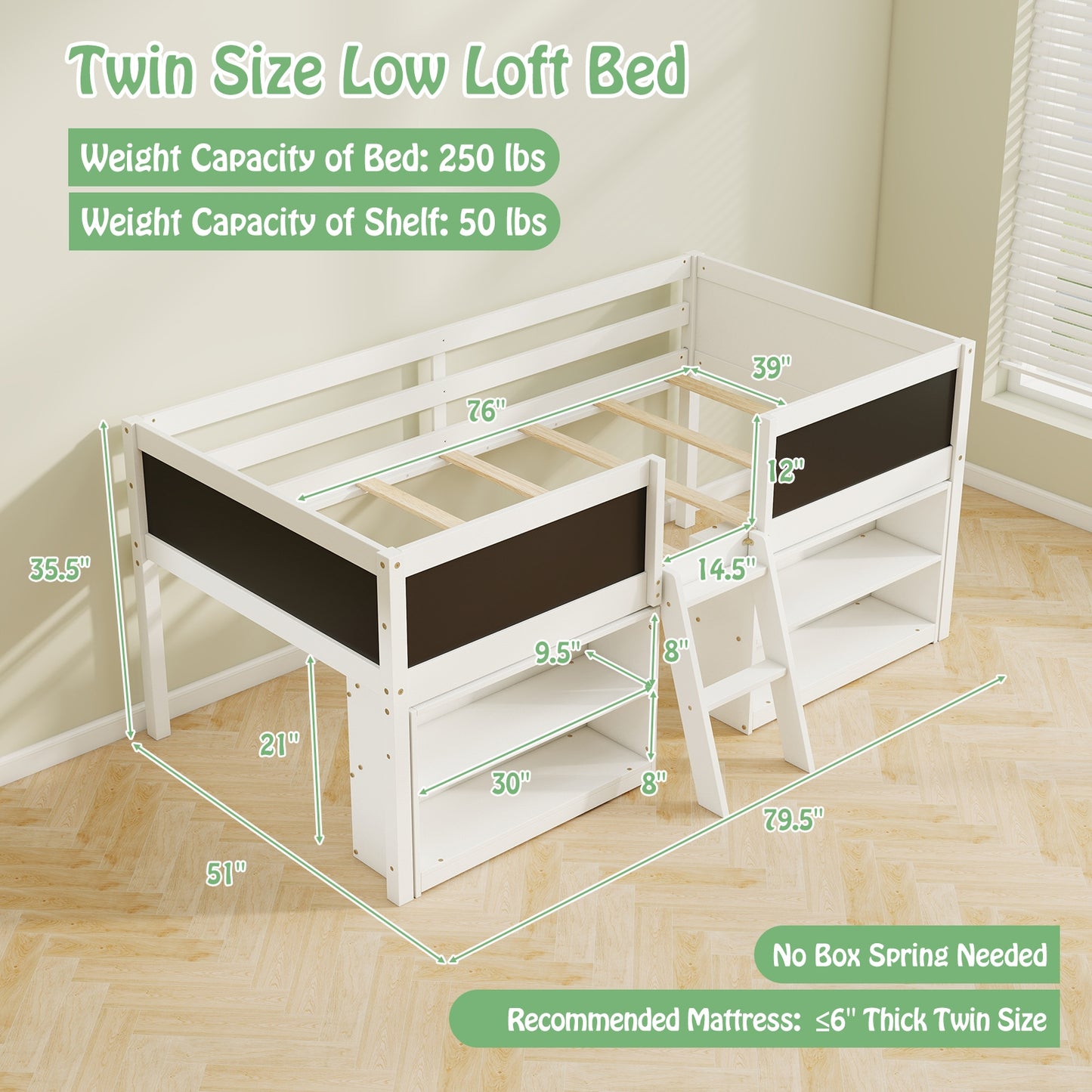 Kid Twin Size Low Loft Bed with Chalkboard Ramp Ladder and Bookcases-White Kids Crystal