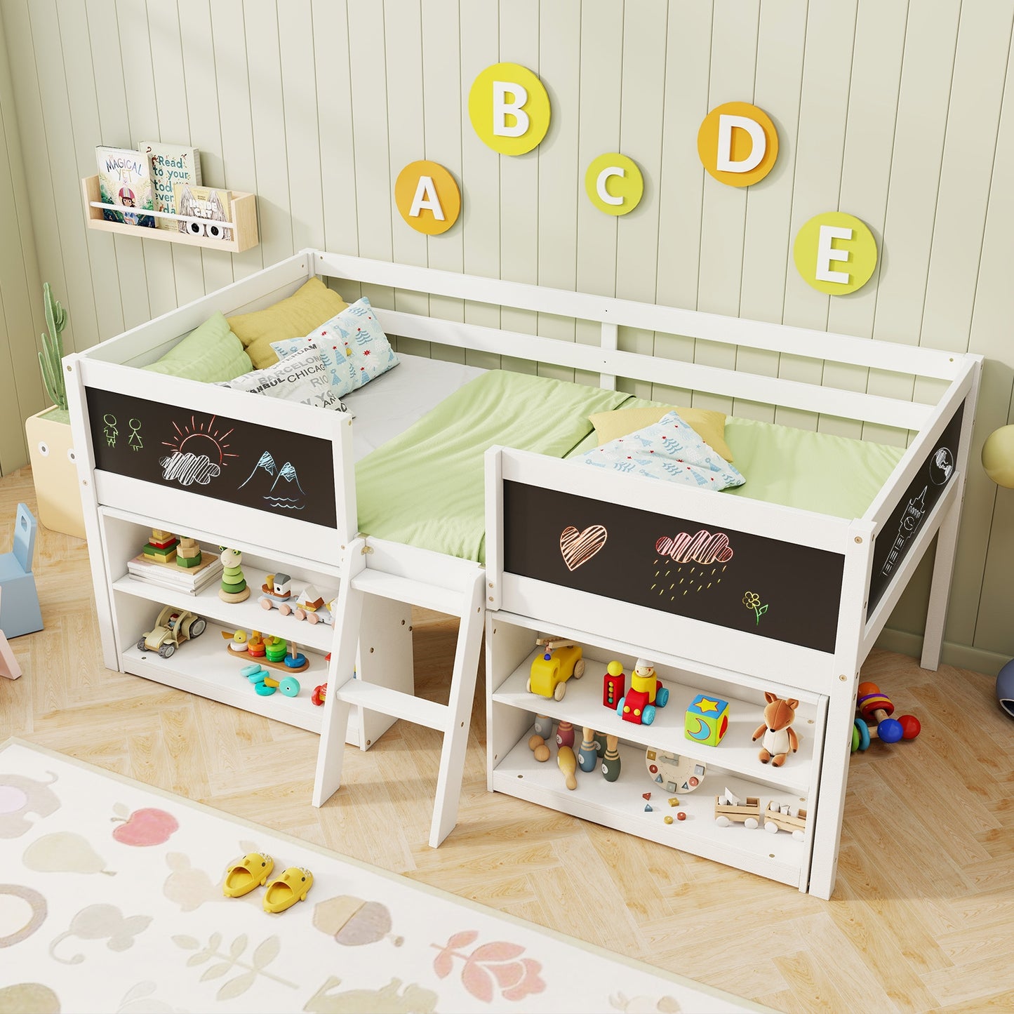Kid Twin Size Low Loft Bed with Chalkboard Ramp Ladder and Bookcases-White Kids Crystal