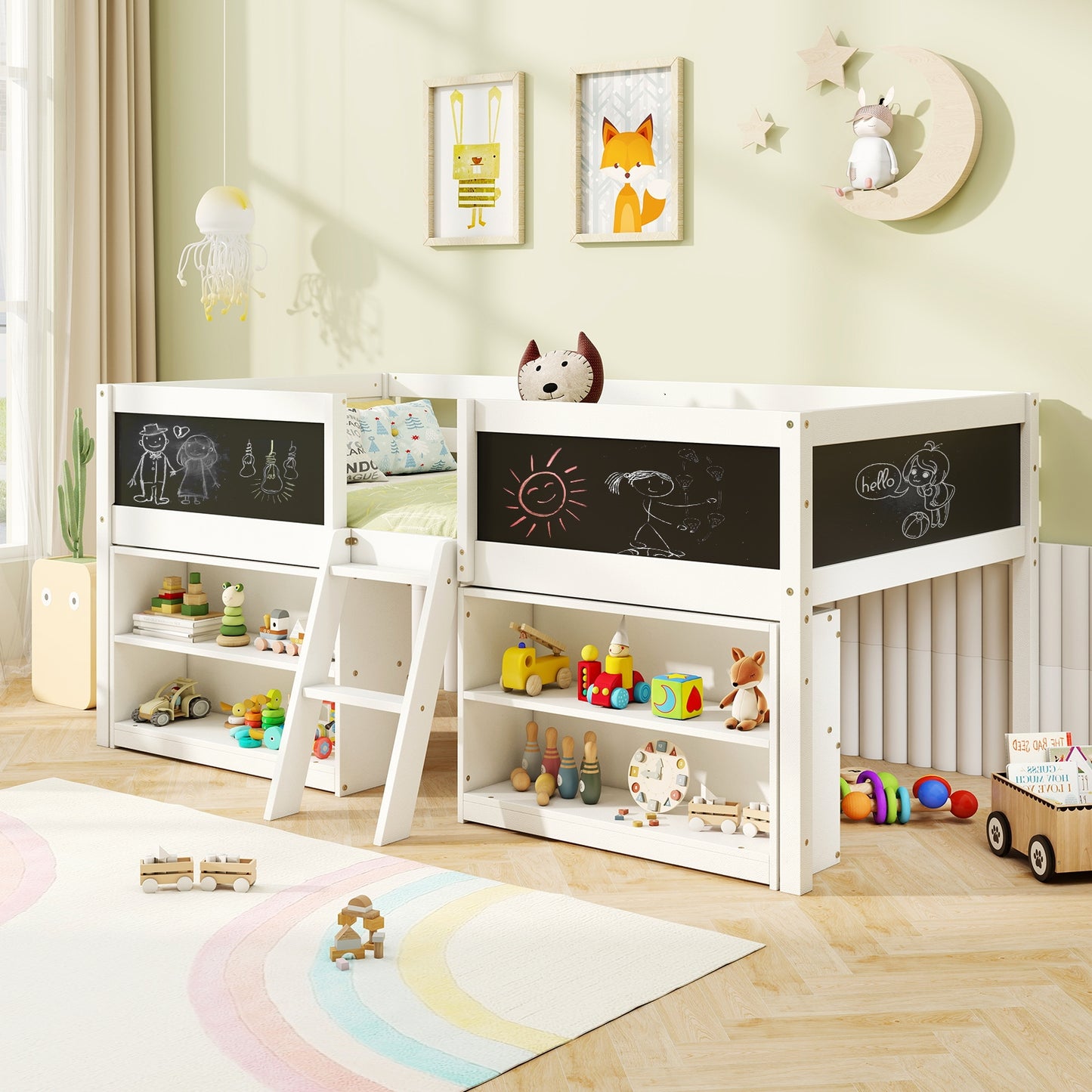Kid Twin Size Low Loft Bed with Chalkboard Ramp Ladder and Bookcases-White Kids Crystal