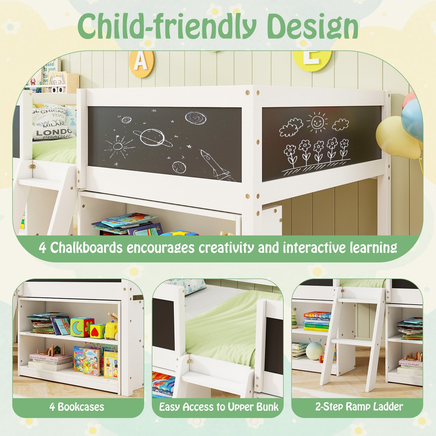 Kid Twin Size Low Loft Bed with Chalkboard Ramp Ladder and Bookcases-White Kids Crystal