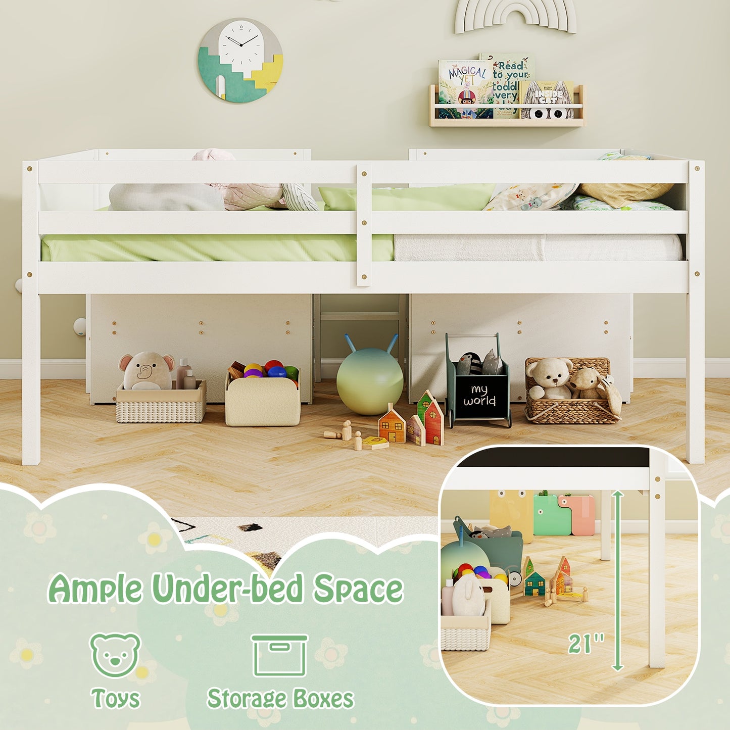Kid Twin Size Low Loft Bed with Chalkboard Ramp Ladder and Bookcases-White Kids Crystal