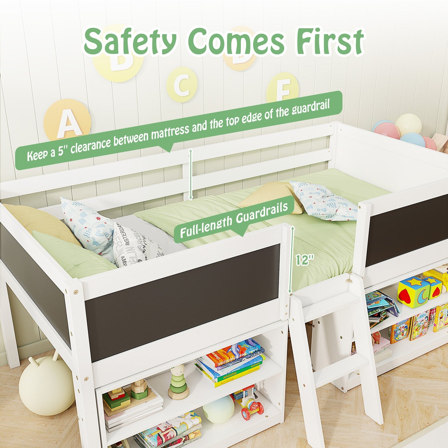 Kid Twin Size Low Loft Bed with Chalkboard Ramp Ladder and Bookcases-White Kids Crystal
