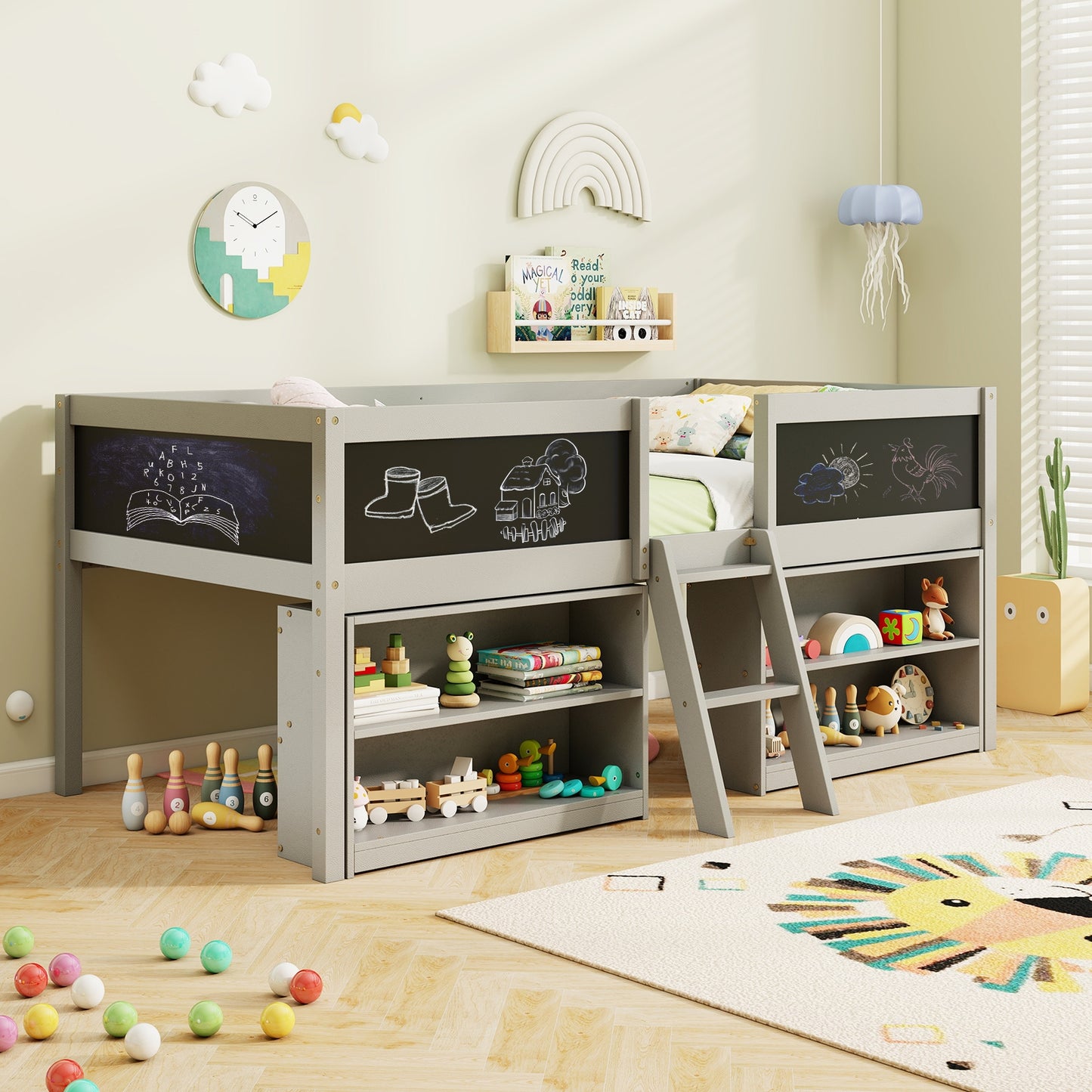 Kid Twin Size Low Loft Bed with Chalkboard Ramp Ladder and Bookcases-Gray Kids Crystal
