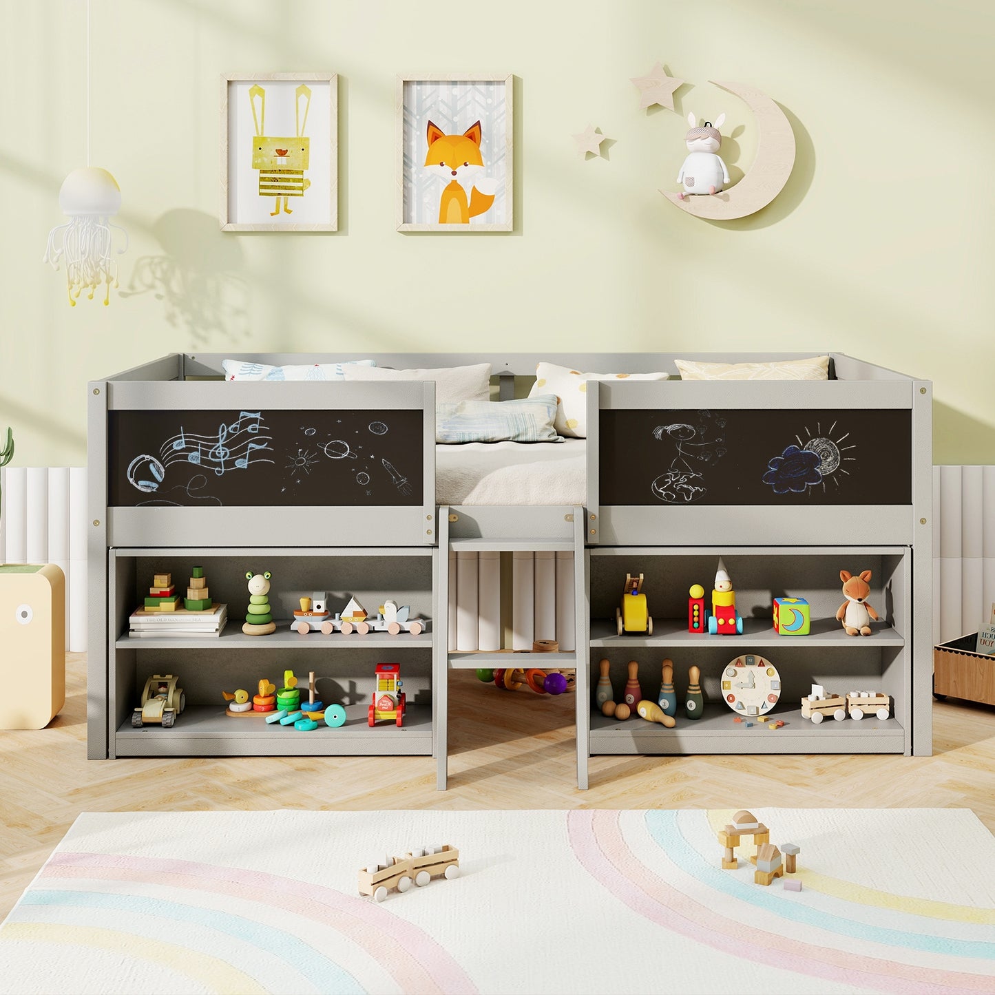 Kid Twin Size Low Loft Bed with Chalkboard Ramp Ladder and Bookcases-Gray Kids Crystal