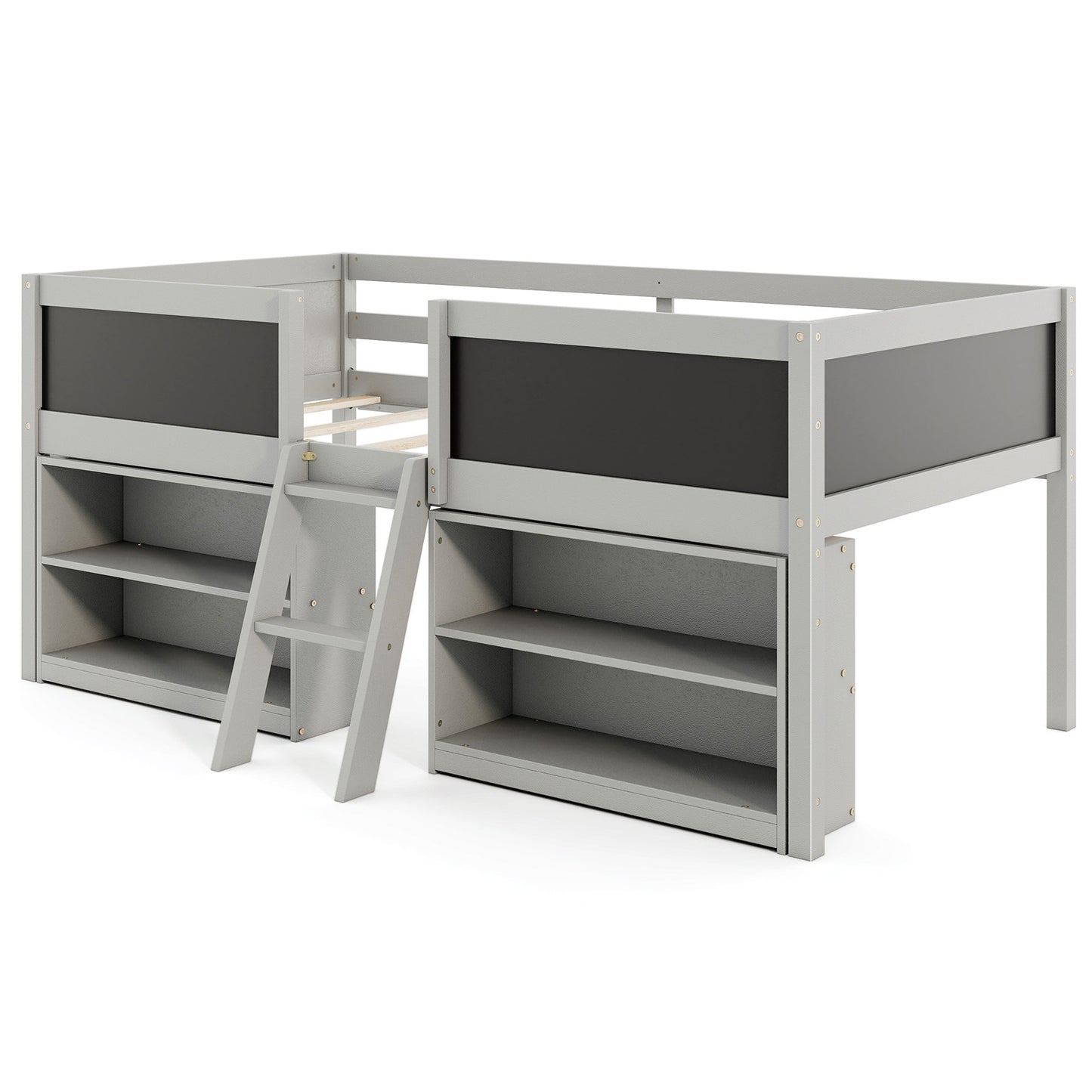 Kid Twin Size Low Loft Bed with Chalkboard Ramp Ladder and Bookcases-Gray Kids Crystal