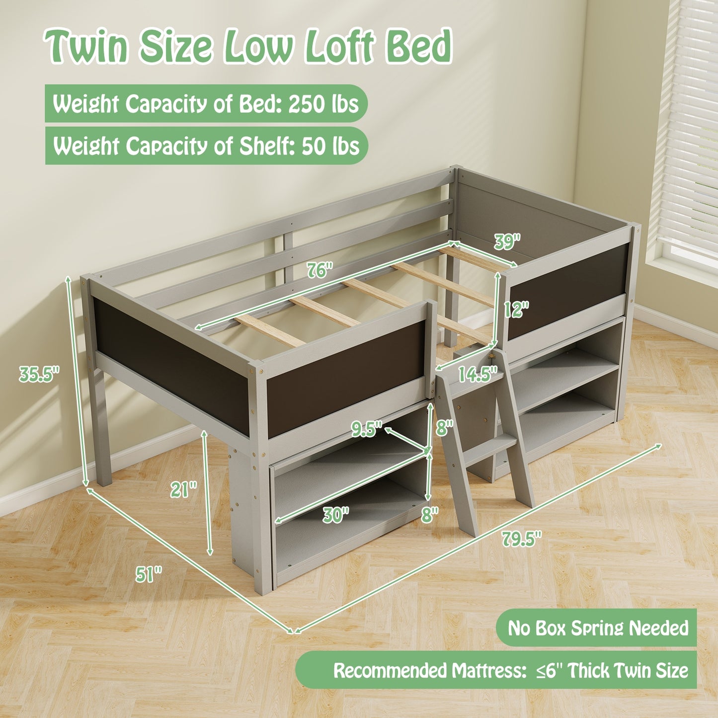 Kid Twin Size Low Loft Bed with Chalkboard Ramp Ladder and Bookcases-Gray Kids Crystal