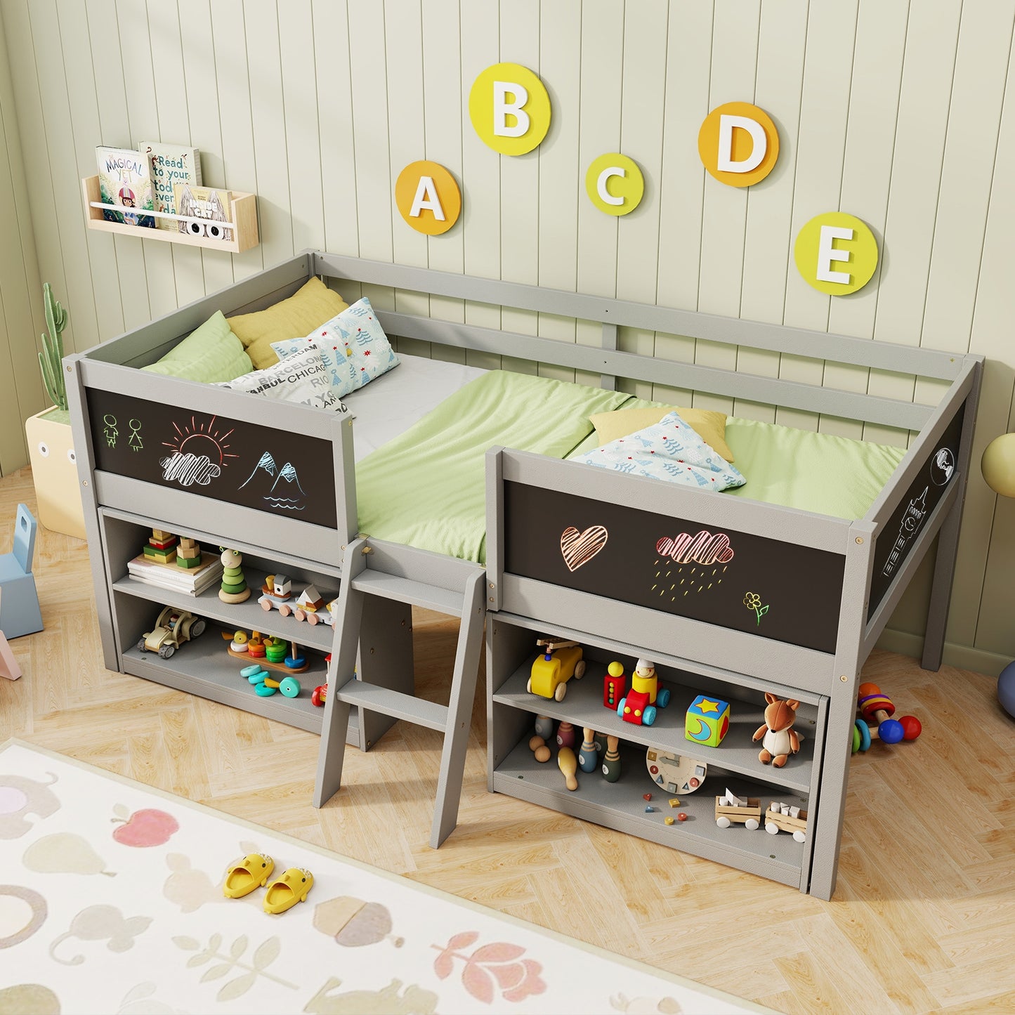 Kid Twin Size Low Loft Bed with Chalkboard Ramp Ladder and Bookcases-Gray Kids Crystal