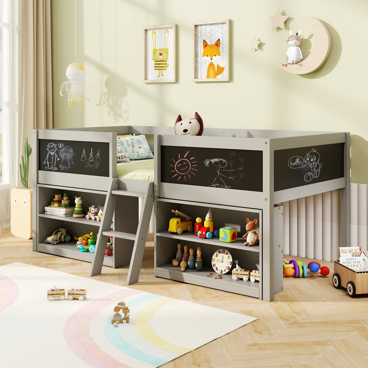 Kid Twin Size Low Loft Bed with Chalkboard Ramp Ladder and Bookcases-Gray Kids Crystal