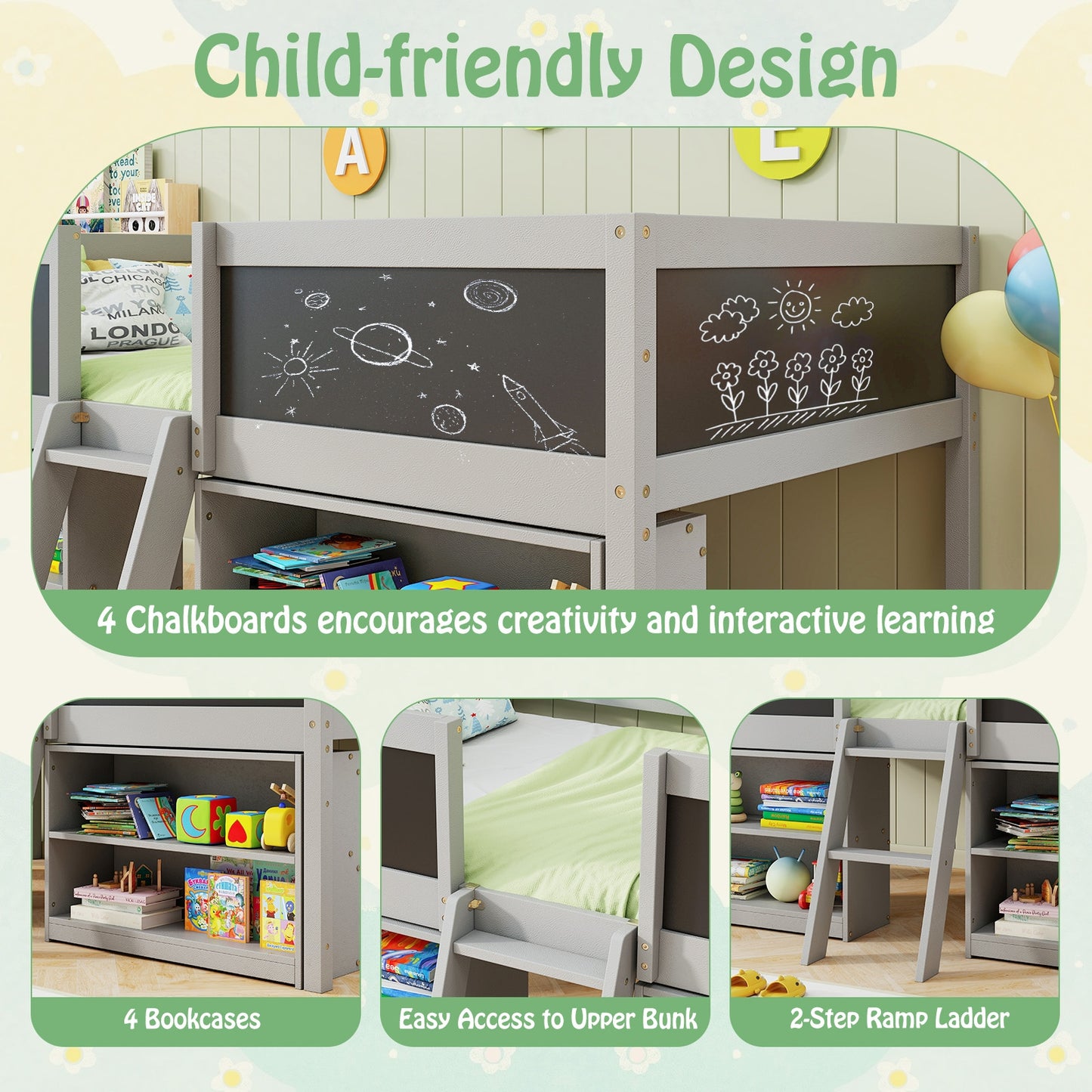 Kid Twin Size Low Loft Bed with Chalkboard Ramp Ladder and Bookcases-Gray Kids Crystal