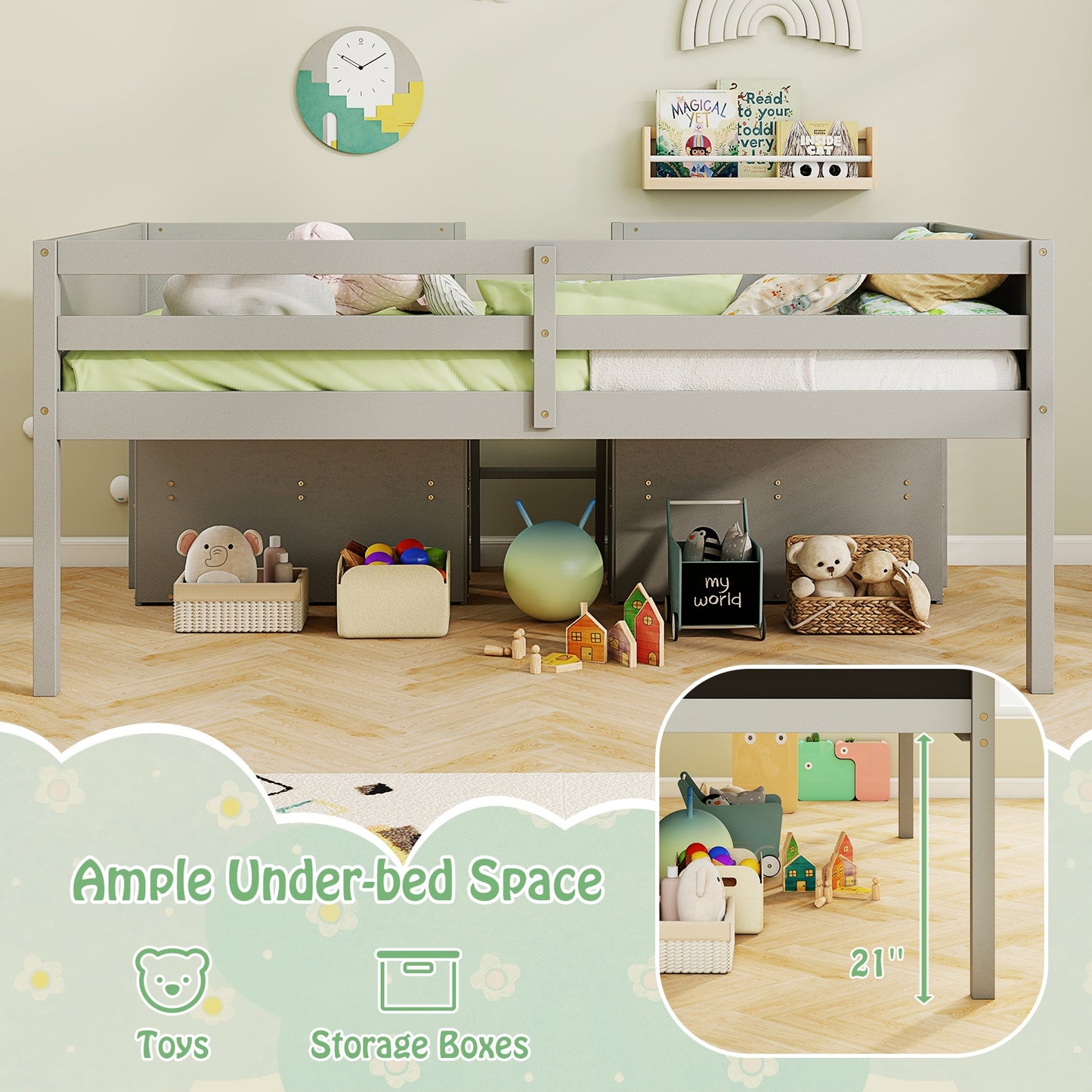 Kid Twin Size Low Loft Bed with Chalkboard Ramp Ladder and Bookcases-Gray Kids Crystal