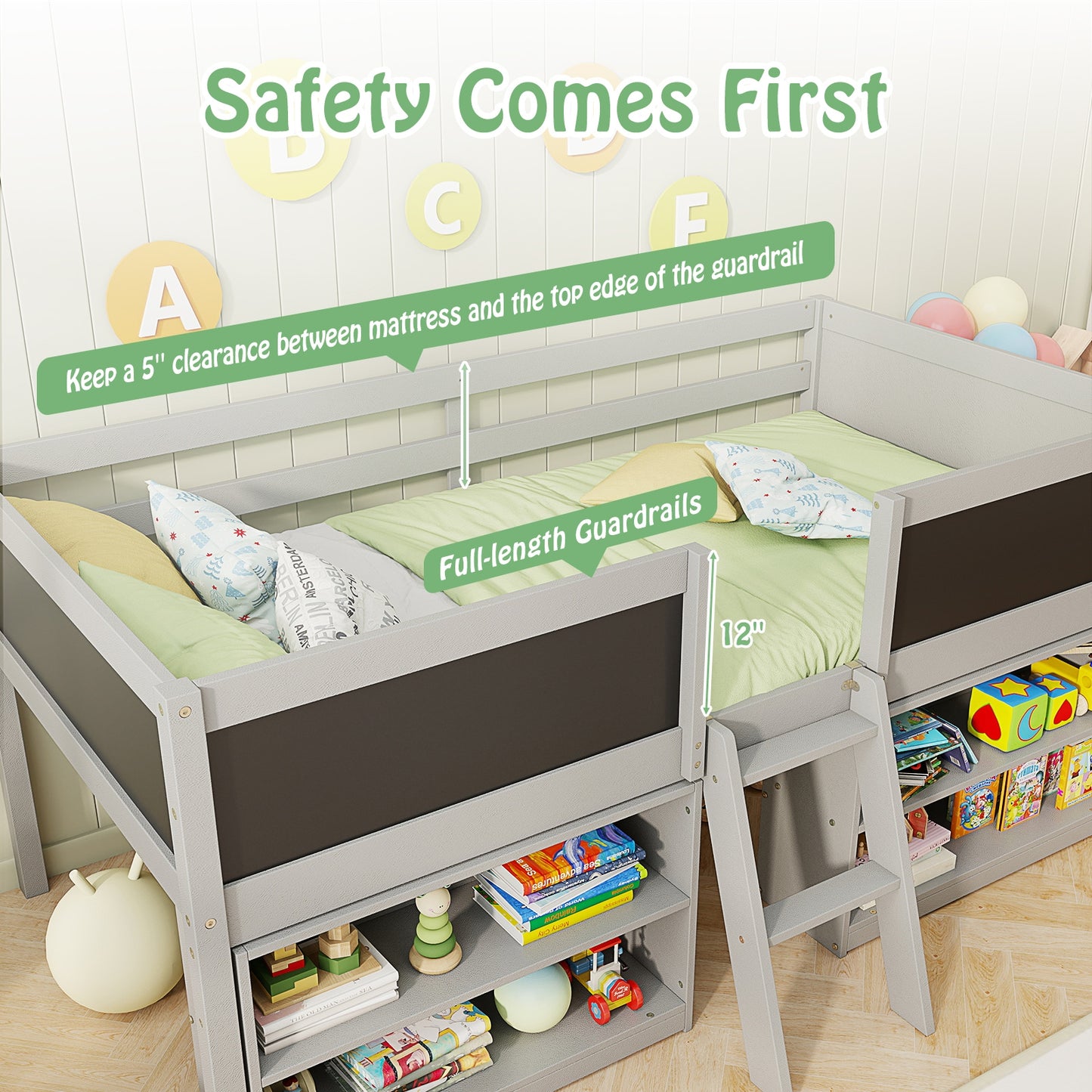 Kid Twin Size Low Loft Bed with Chalkboard Ramp Ladder and Bookcases-Gray Kids Crystal