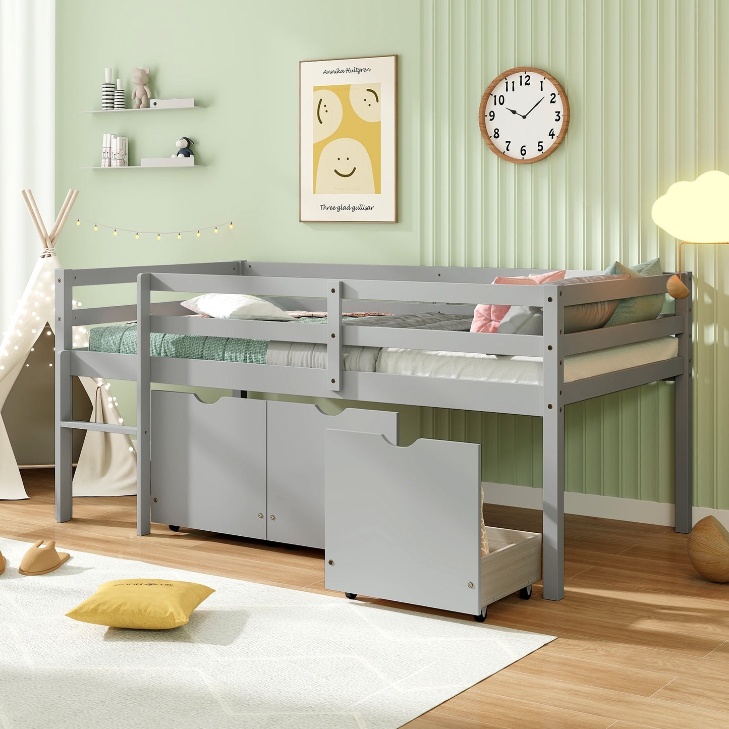 Twin Size Low Loft Bed with 3 Drawers with Ladder and Full-length Guardrails-Gray Kids Crystal