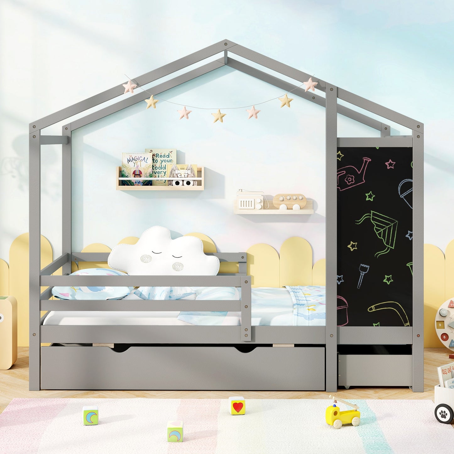 Kids Twin Size Bed with 2 Drawers Solid Wood Bed with Blackboard-Gray Kids Crystal