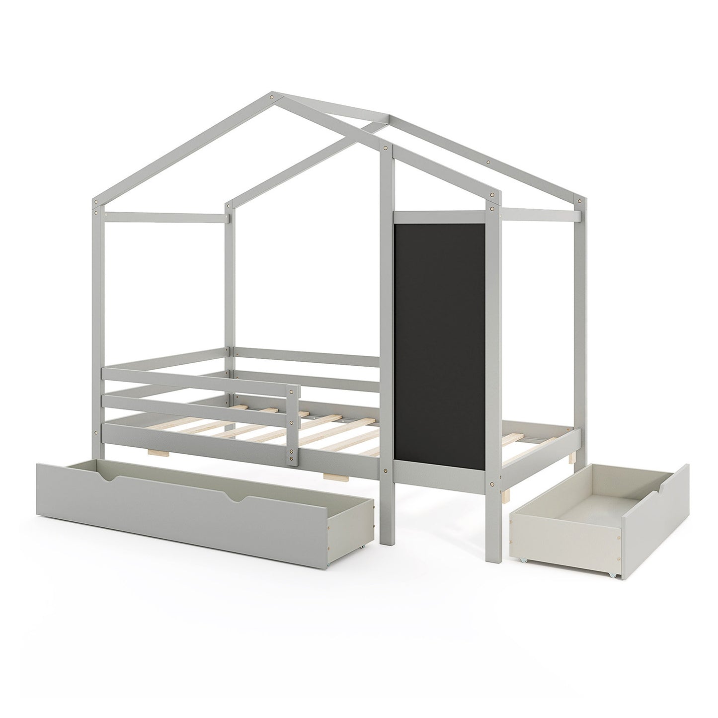 Kids Twin Size Bed with 2 Drawers Solid Wood Bed with Blackboard-Gray Kids Crystal