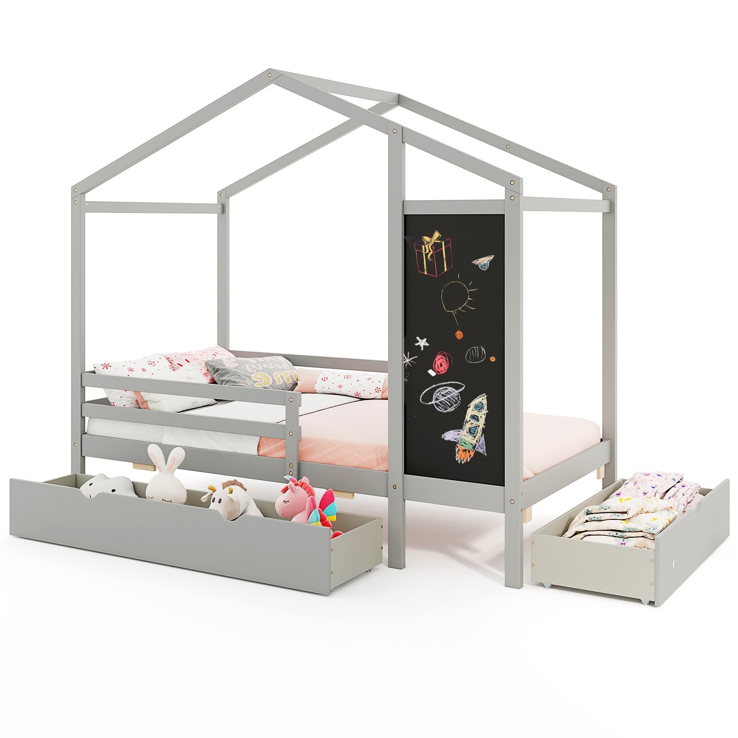 Kids Twin Size Bed with 2 Drawers Solid Wood Bed with Blackboard-Gray Kids Crystal