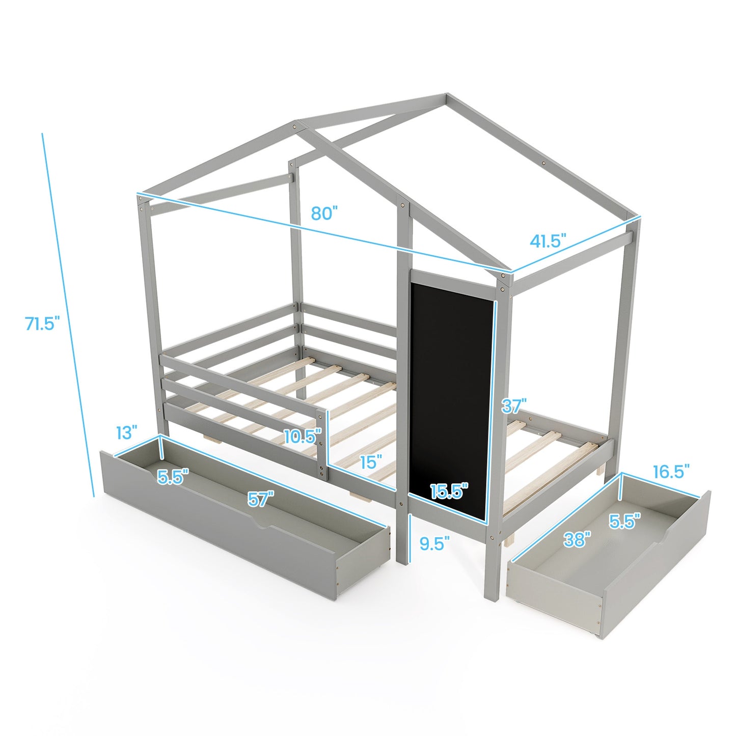 Kids Twin Size Bed with 2 Drawers Solid Wood Bed with Blackboard-Gray Kids Crystal