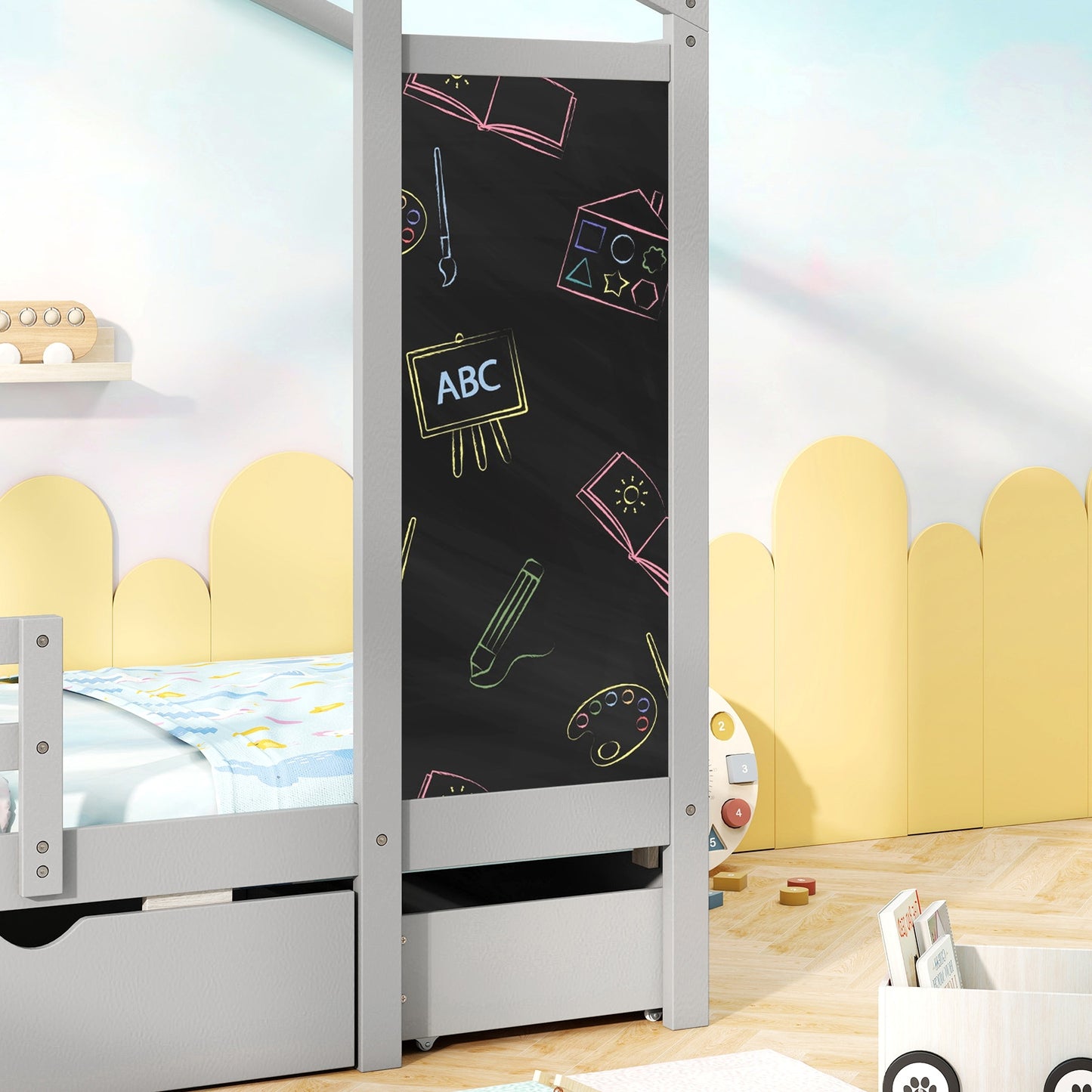 Kids Twin Size Bed with 2 Drawers Solid Wood Bed with Blackboard-Gray Kids Crystal