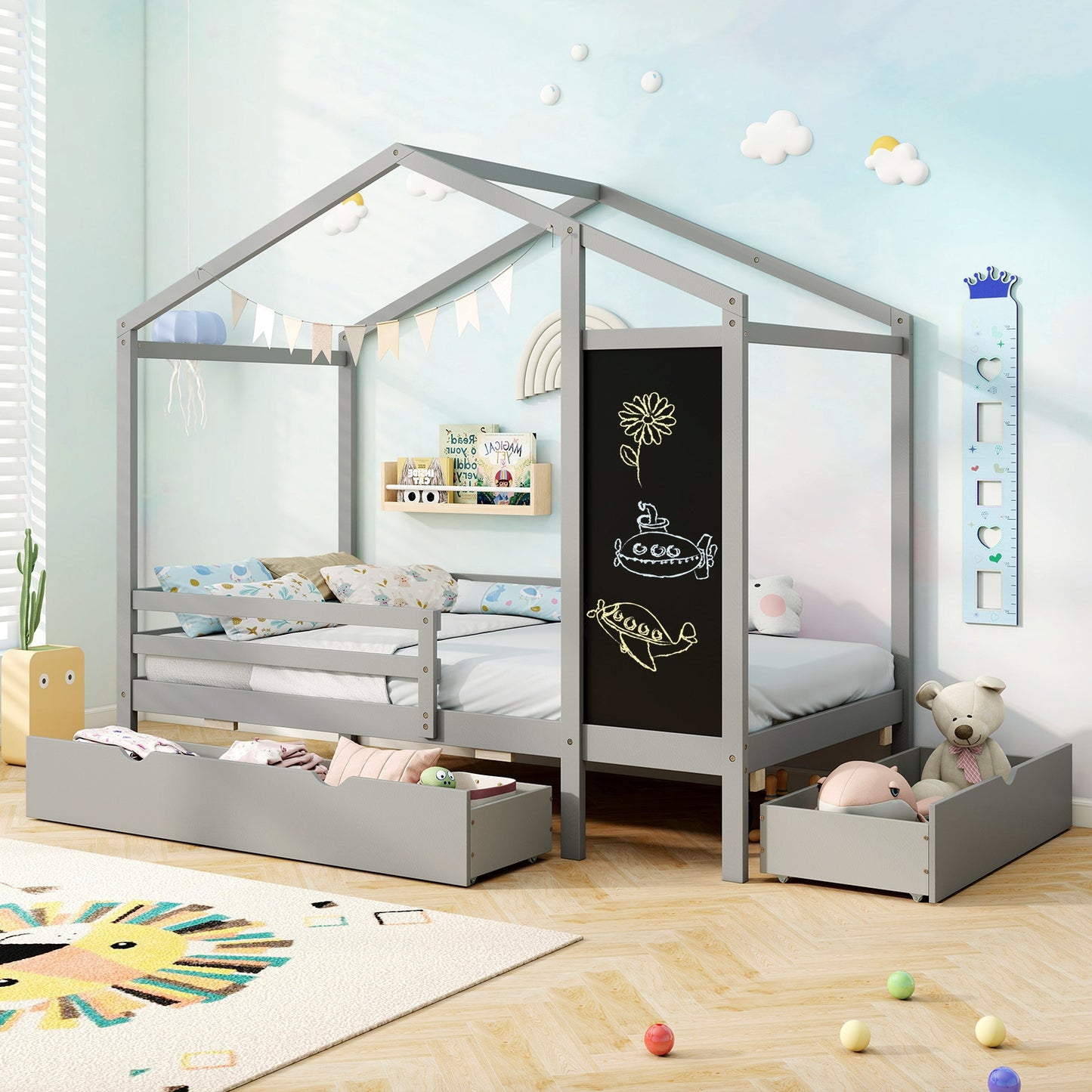 Kids Twin Size Bed with 2 Drawers Solid Wood Bed with Blackboard-Gray Kids Crystal