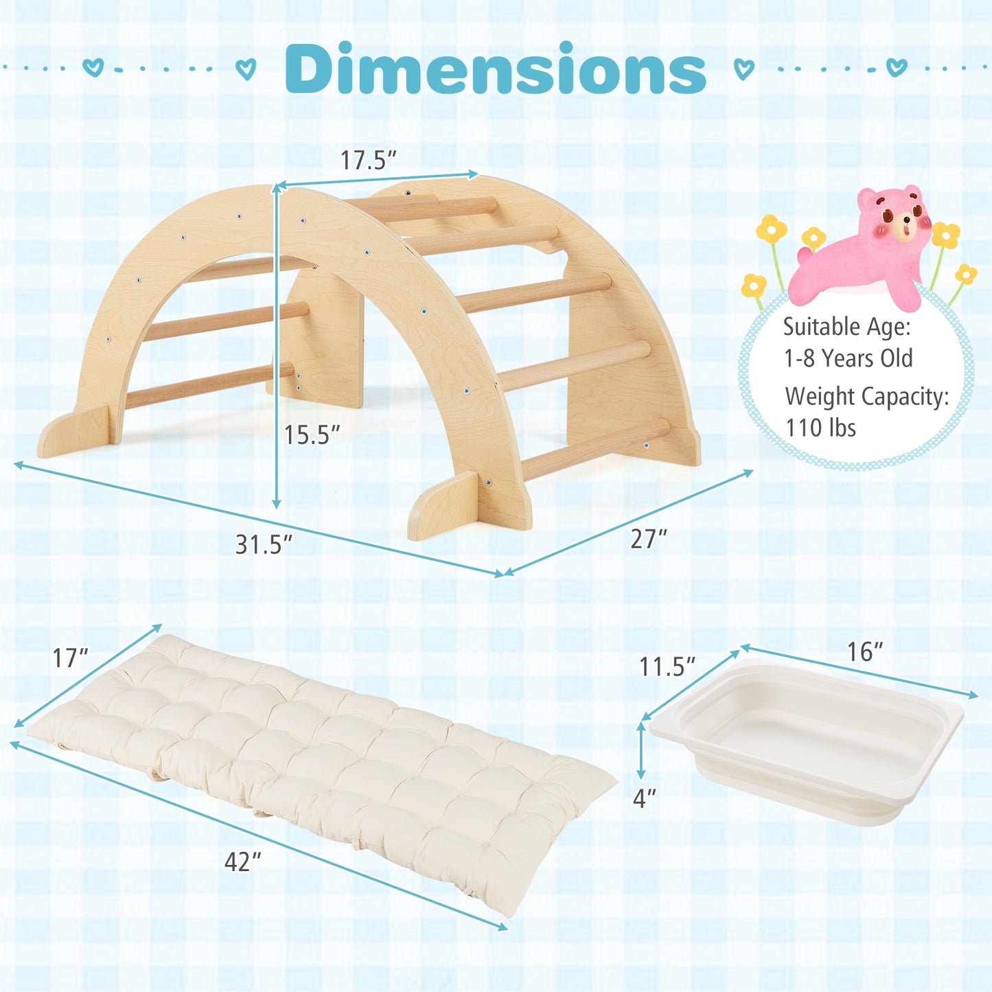 6 in 1 Kids Climbing Arch Playset wIth Removable Cushion and Stoppers-Natural Kids Crystal