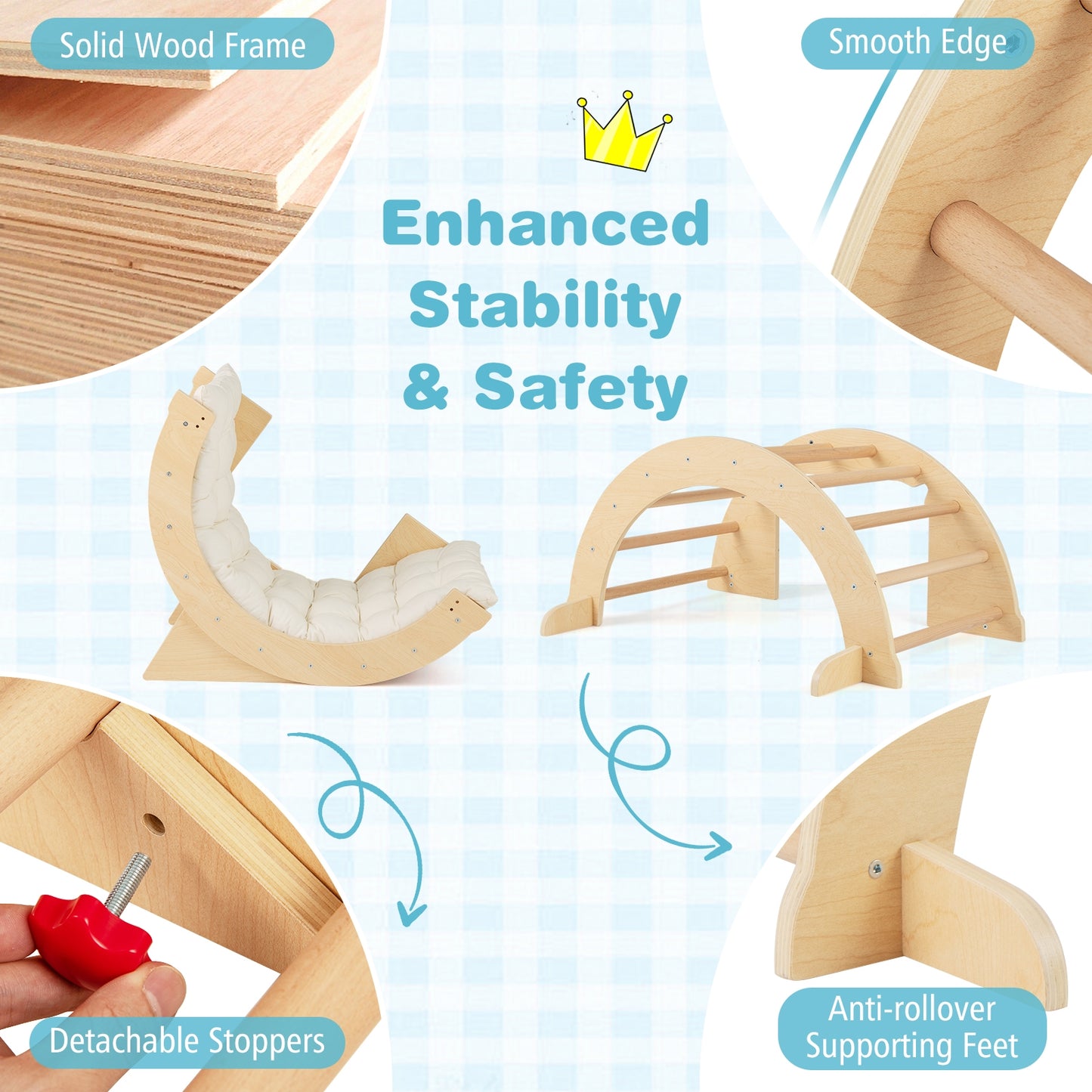 6 in 1 Kids Climbing Arch Playset wIth Removable Cushion and Stoppers-Natural Kids Crystal