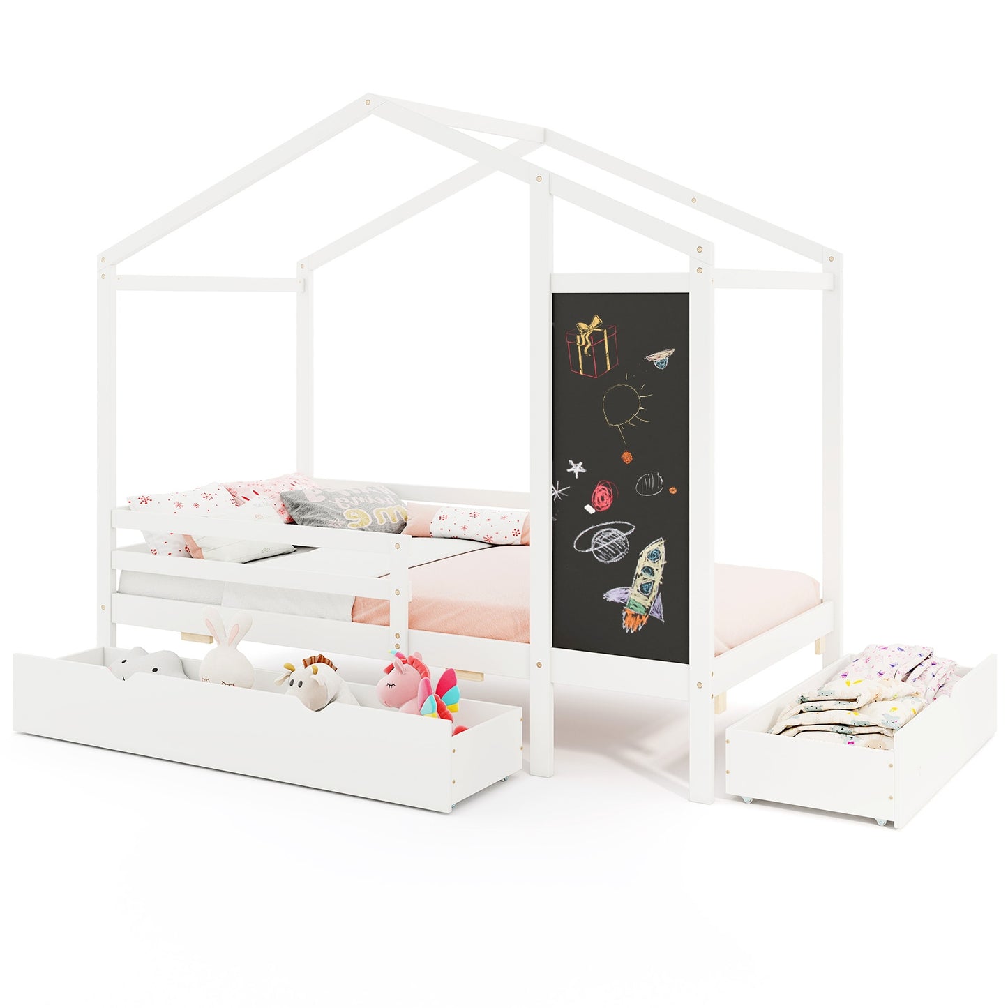 Kids Twin Size Bed with 2 Drawers Solid Wood Bed with Blackboard-White Kids Crystal