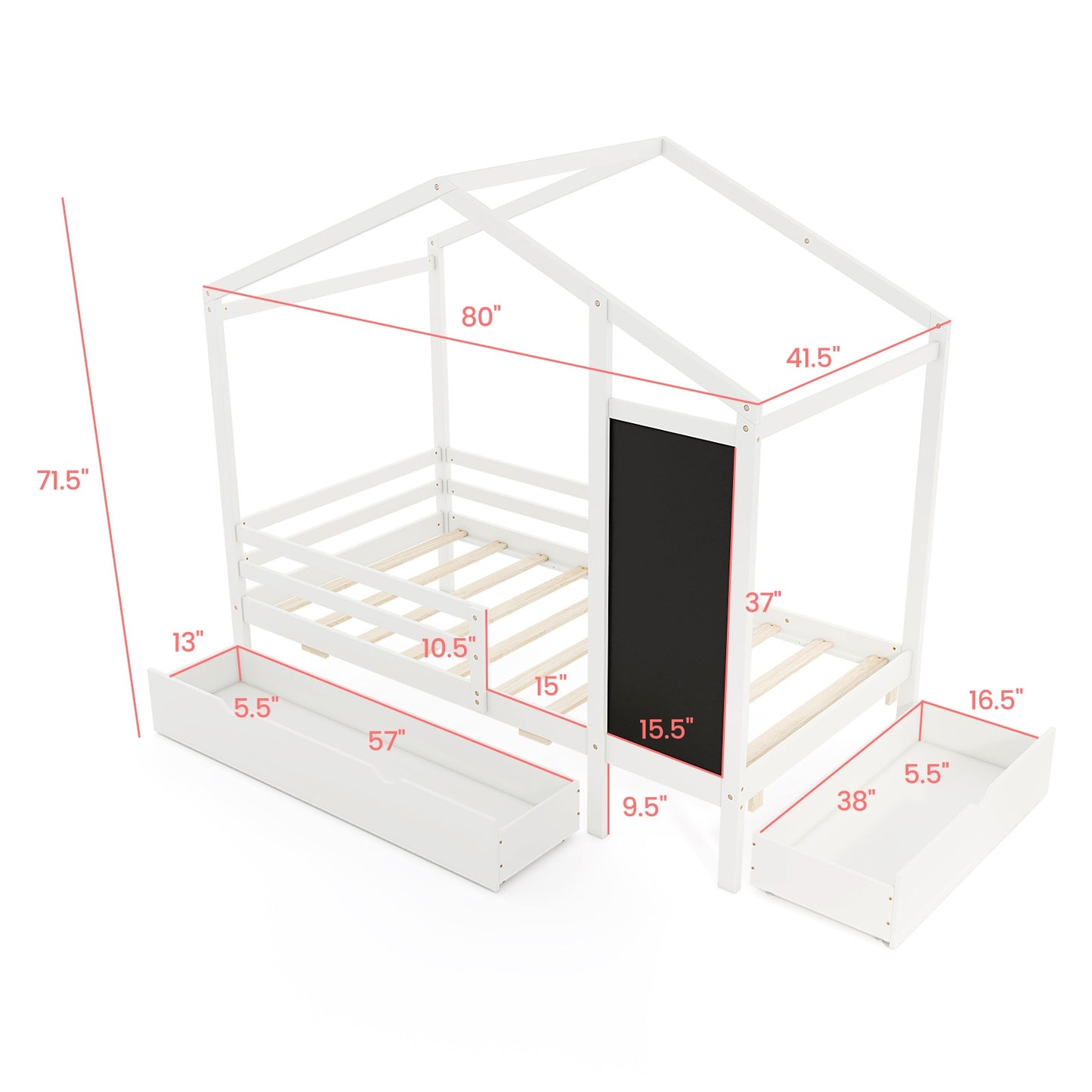 Kids Twin Size Bed with 2 Drawers Solid Wood Bed with Blackboard-White Kids Crystal
