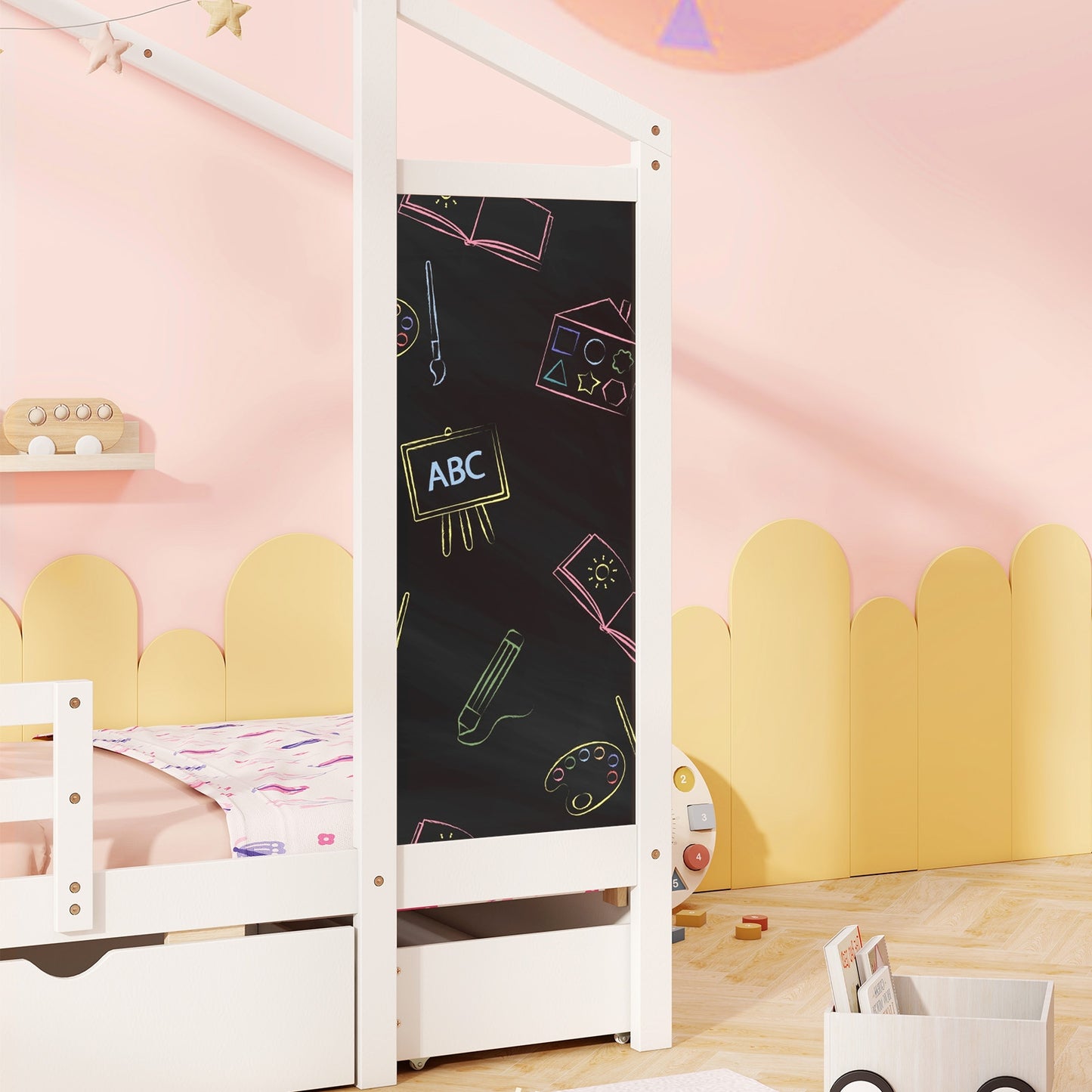 Kids Twin Size Bed with 2 Drawers Solid Wood Bed with Blackboard-White Kids Crystal