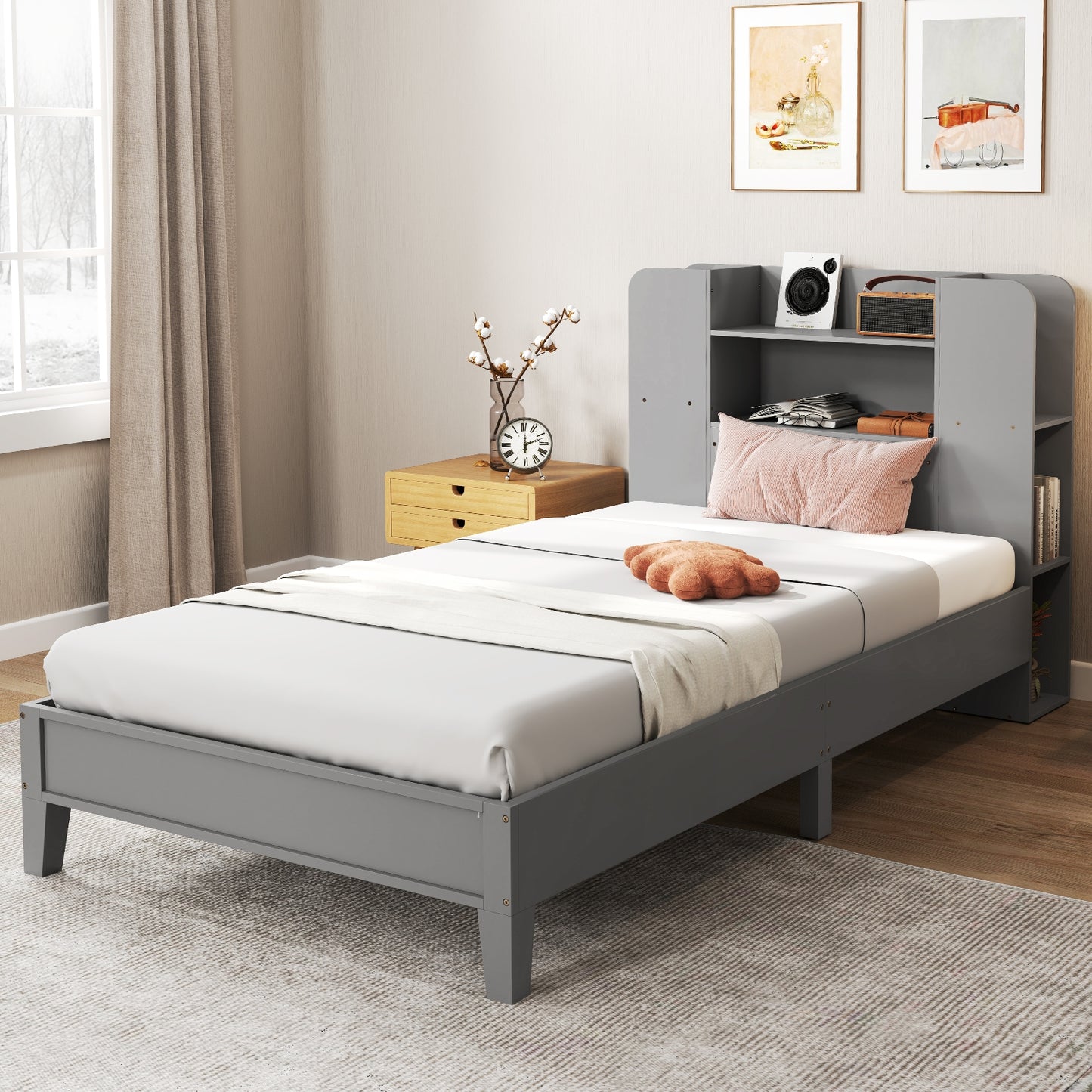 Twin Size Wooden Platform Bed Frame with Bookcase Headboard-Gray Kids Crystal
