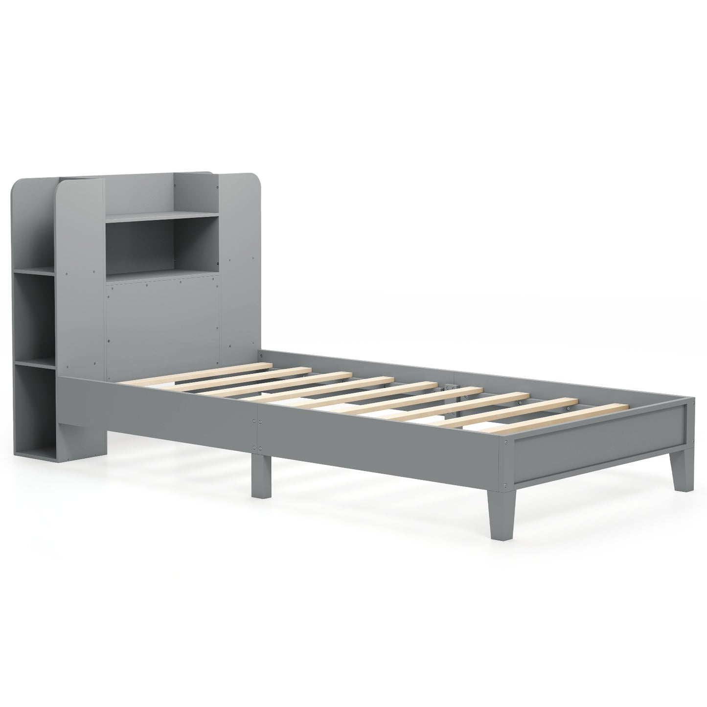 Twin Size Wooden Platform Bed Frame with Bookcase Headboard-Gray Kids Crystal