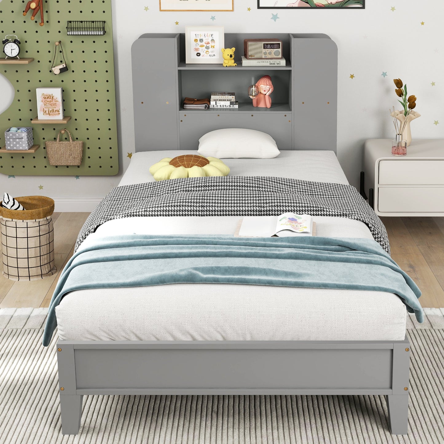 Twin Size Wooden Platform Bed Frame with Bookcase Headboard-Gray Kids Crystal
