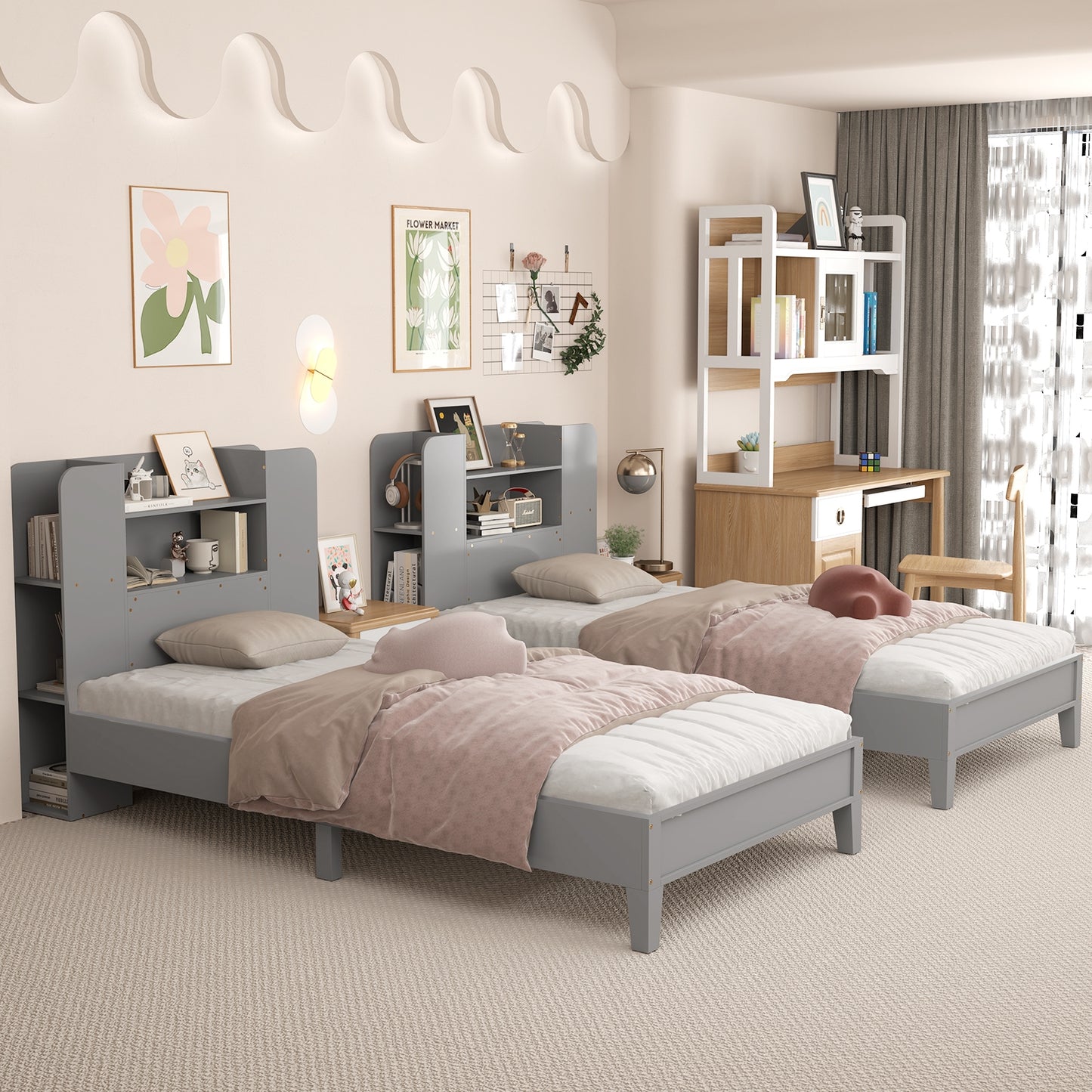 Twin Size Wooden Platform Bed Frame with Bookcase Headboard-Gray Kids Crystal
