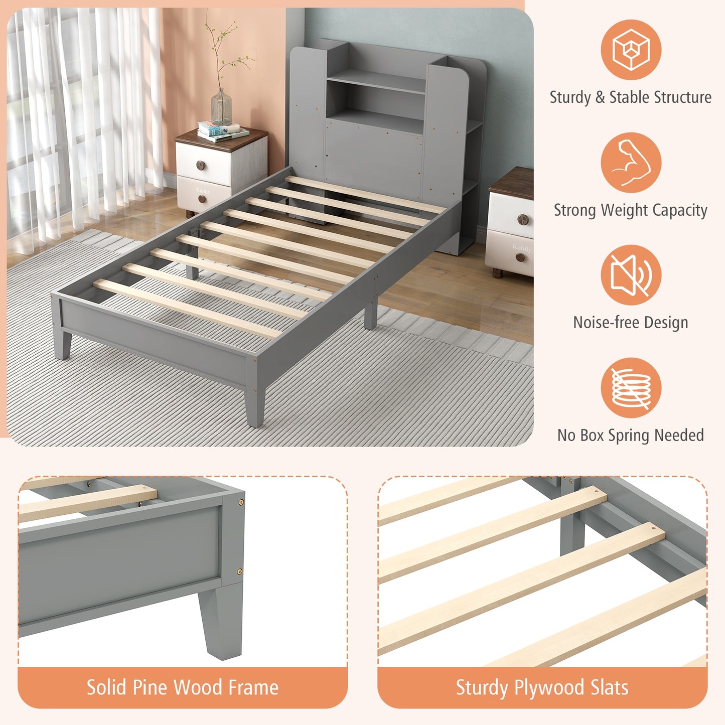 Twin Size Wooden Platform Bed Frame with Bookcase Headboard-Gray Kids Crystal