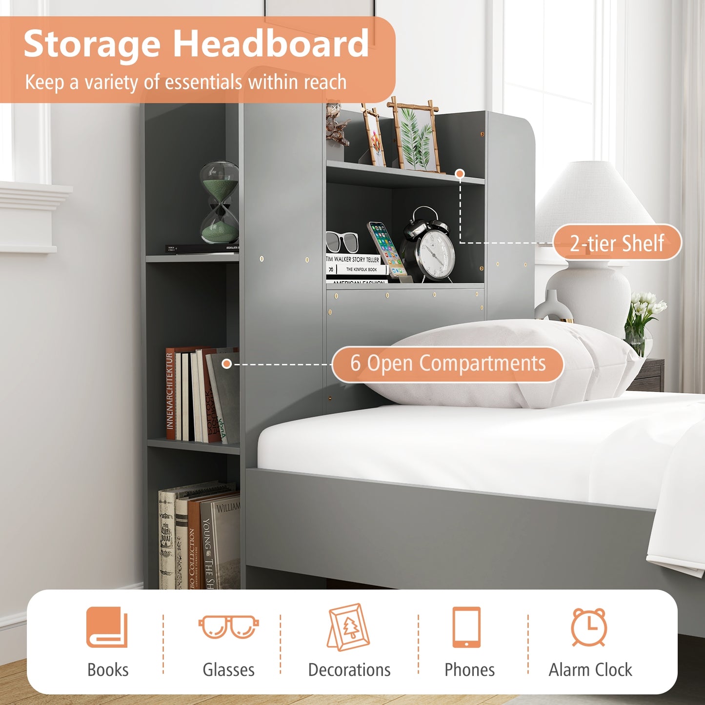 Twin Size Wooden Platform Bed Frame with Bookcase Headboard-Gray Kids Crystal