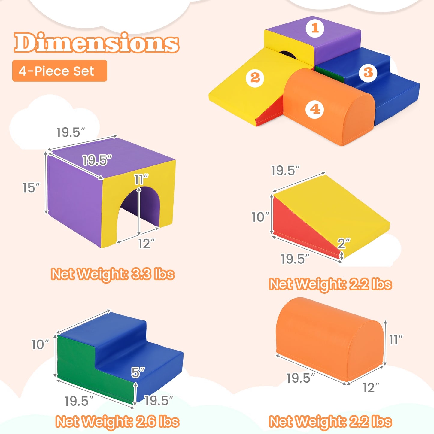 Climb and Crawl Foam Block Play Set for Infant Baby-Orange Kids Crystal