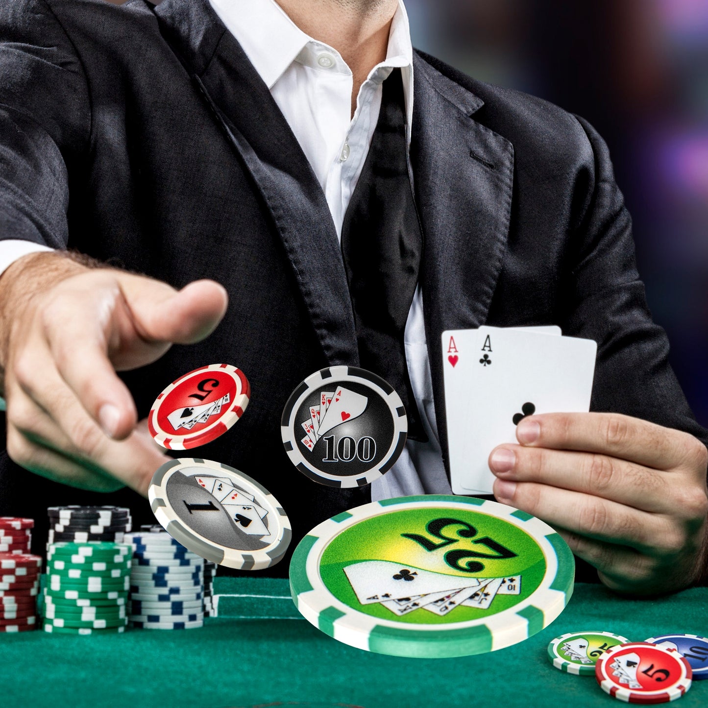 Texas Holdem Poker Chip Set with 300 Pieces Chips-Black Kids Crystal