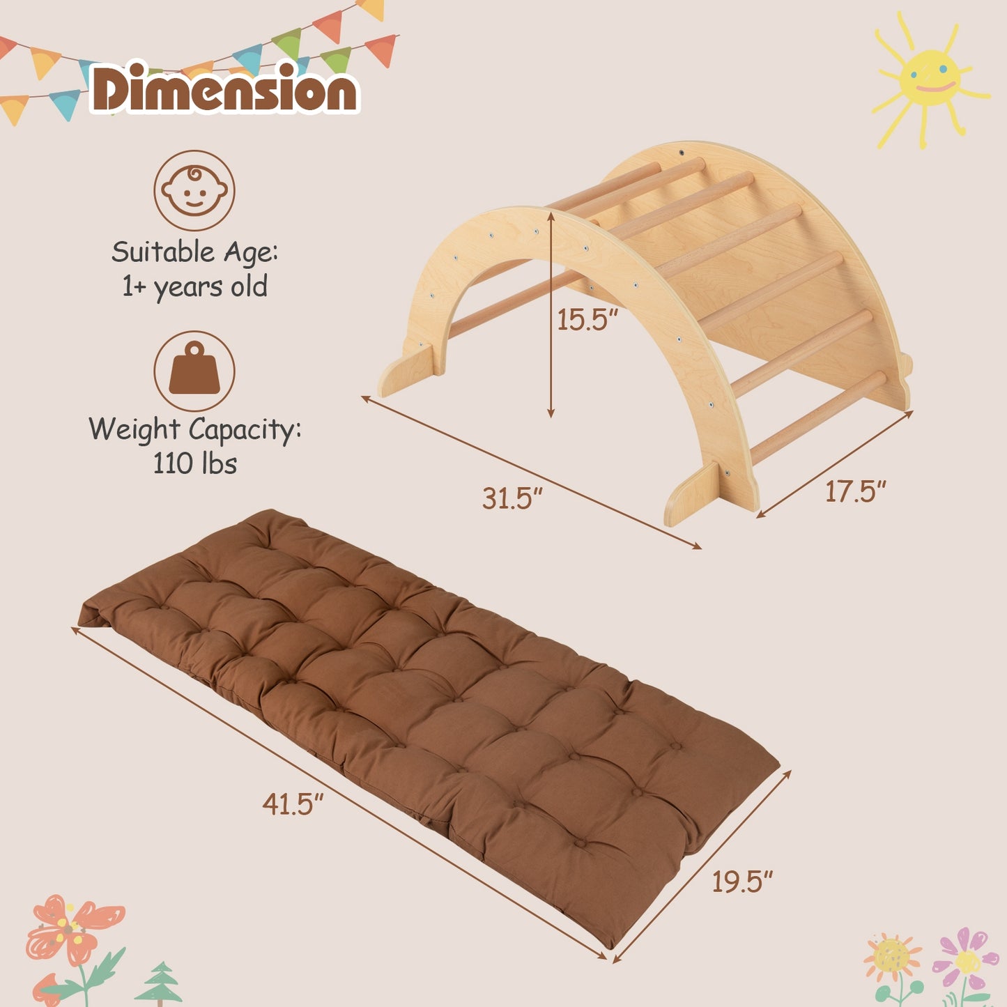 Kids Climbing Arch with Cushion Montessori Arch Climber/Rocker for Toddlers-Coffee Kids Crystal