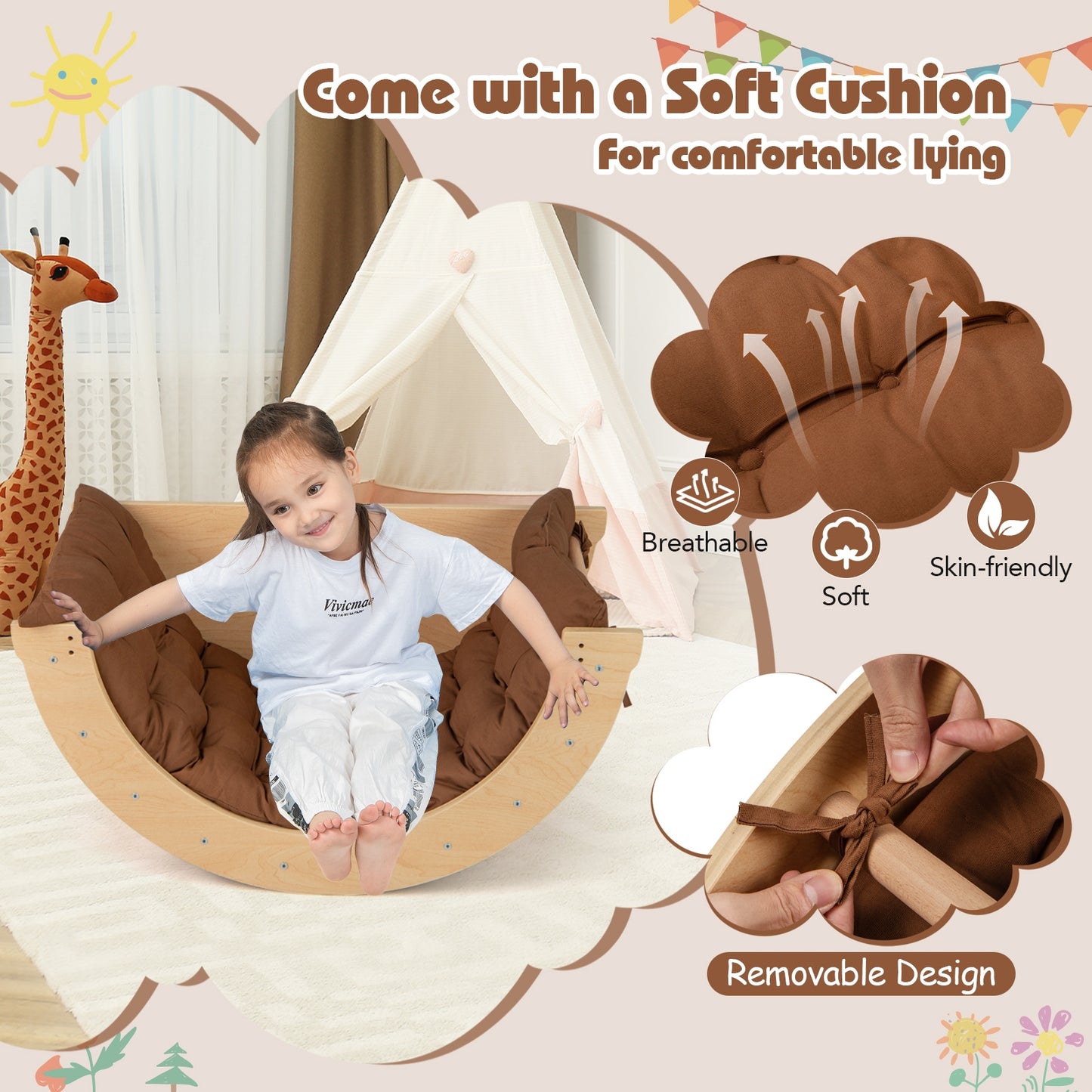 Kids Climbing Arch with Cushion Montessori Arch Climber/Rocker for Toddlers-Coffee Kids Crystal