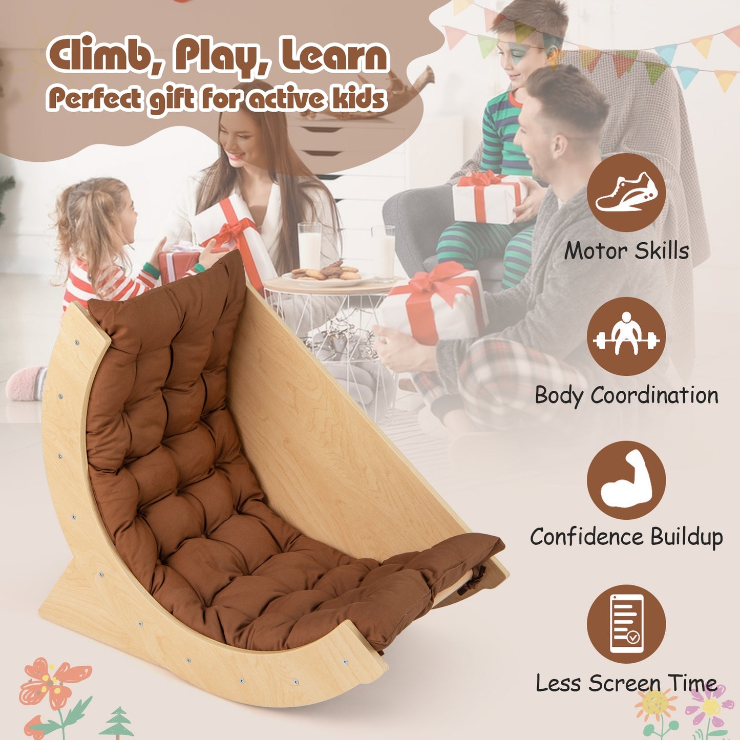 Kids Climbing Arch with Cushion Montessori Arch Climber/Rocker for Toddlers-Coffee Kids Crystal