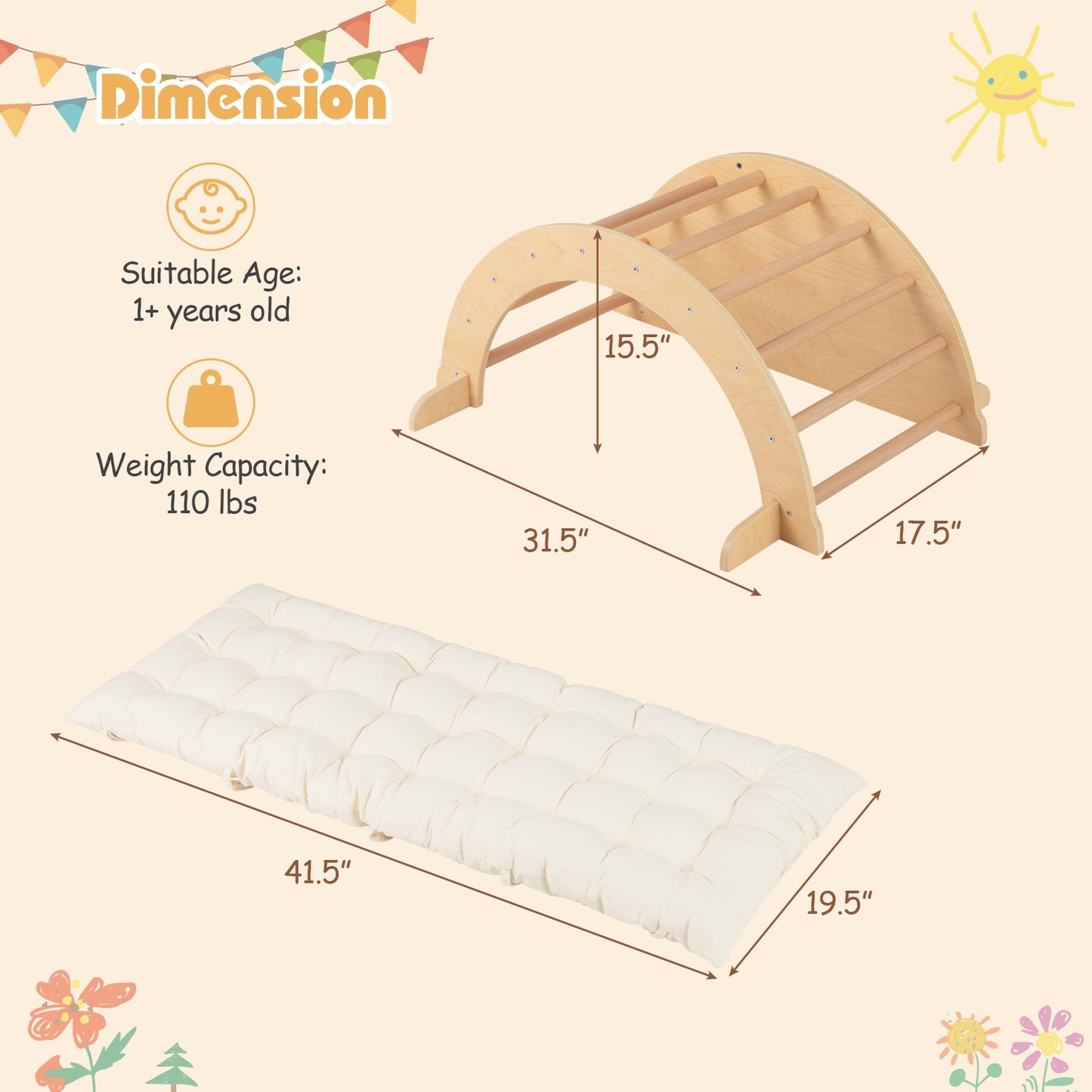 Kids Climbing Arch with Cushion Montessori Arch Climber/Rocker for Toddlers-Beige Kids Crystal