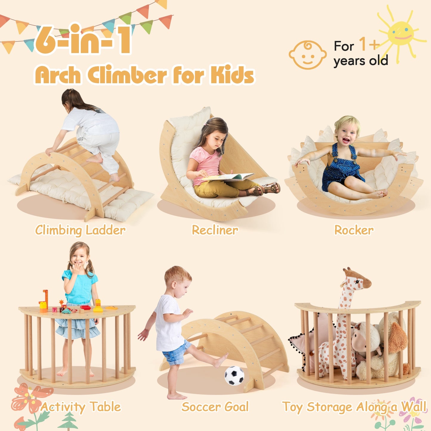Kids Climbing Arch with Cushion Montessori Arch Climber/Rocker for Toddlers-Beige Kids Crystal