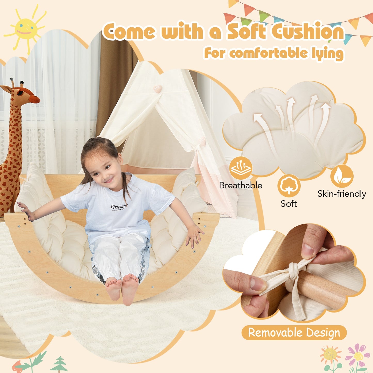 Kids Climbing Arch with Cushion Montessori Arch Climber/Rocker for Toddlers-Beige Kids Crystal