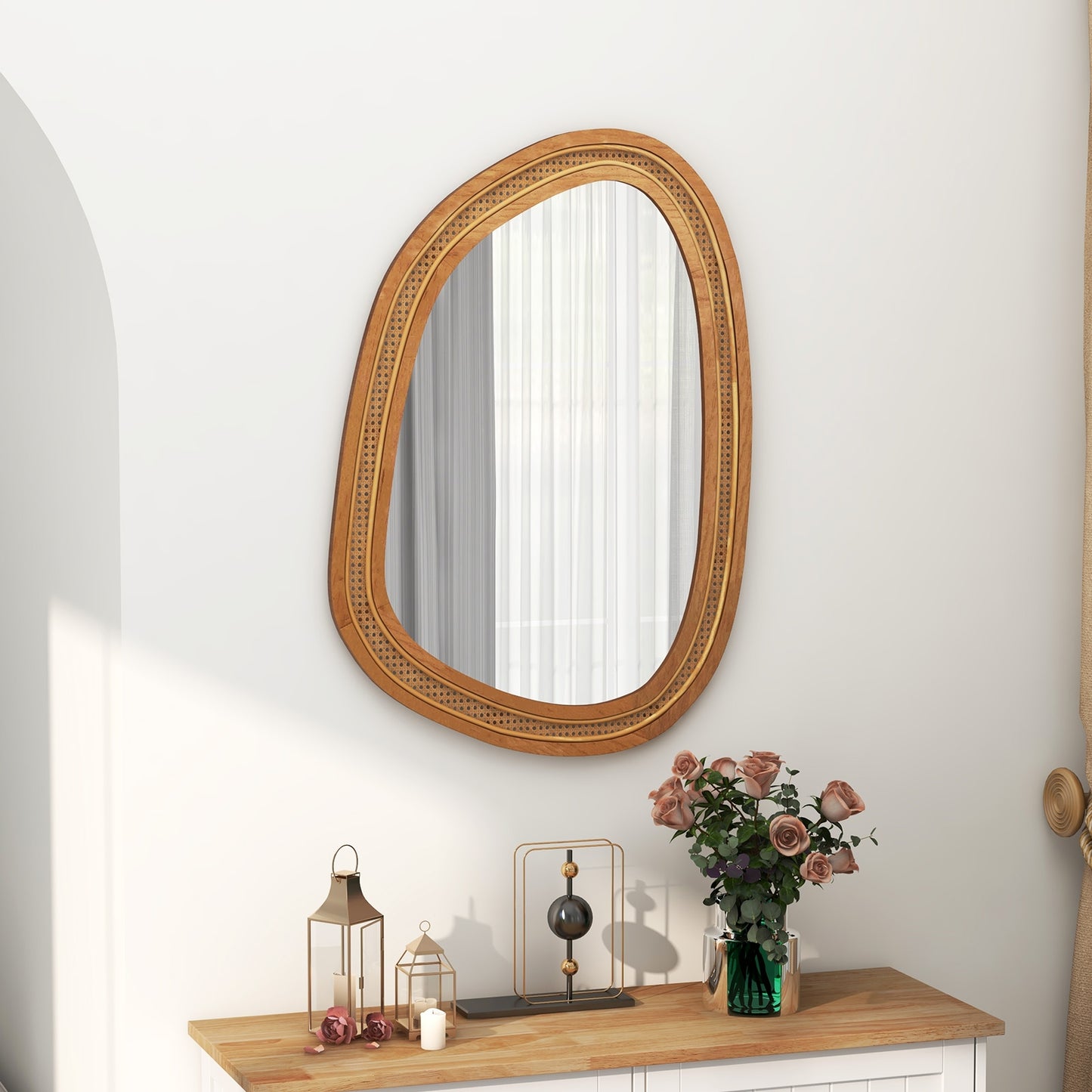 33 Inches x 23.5 Inches Irregular PVC Rattan Wall Mirror with Wooden Frame-Natural Kids Crystal