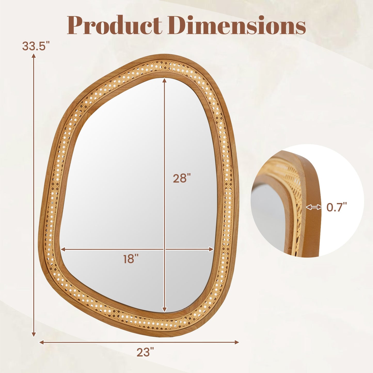 33 Inches x 23.5 Inches Irregular PVC Rattan Wall Mirror with Wooden Frame-Natural Kids Crystal