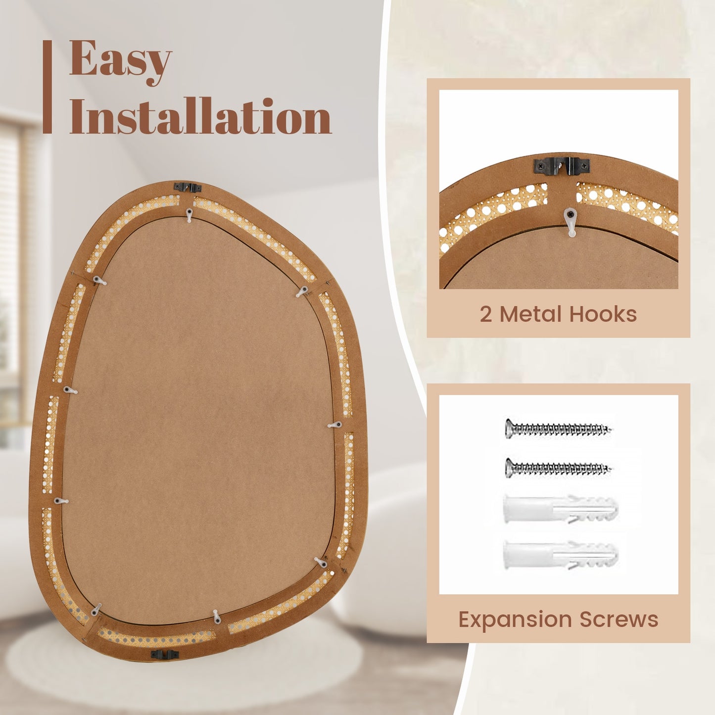 33 Inches x 23.5 Inches Irregular PVC Rattan Wall Mirror with Wooden Frame-Natural Kids Crystal
