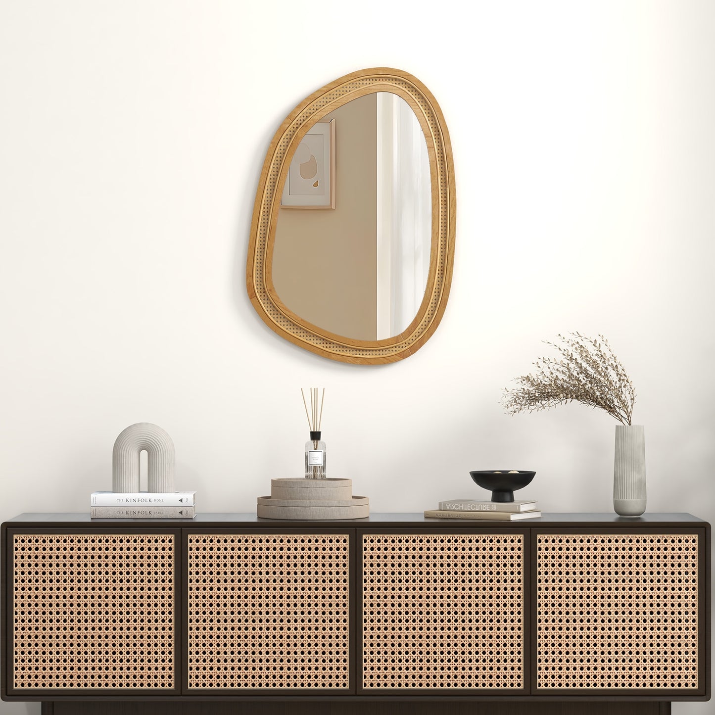 33 Inches x 23.5 Inches Irregular PVC Rattan Wall Mirror with Wooden Frame-Natural Kids Crystal
