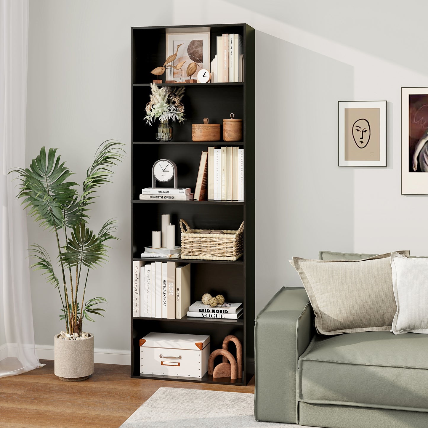 6-Tier Bookcase with 6 Open Shelves and Anti-Toppling Kits-Black Kids Crystal