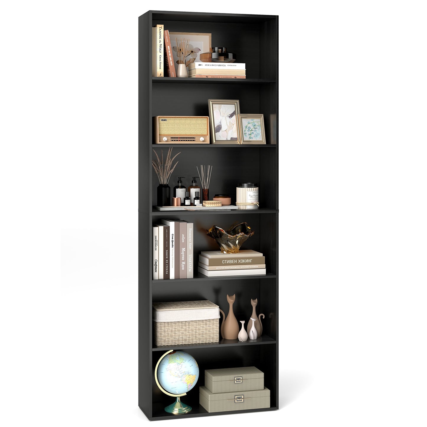 6-Tier Bookcase with 6 Open Shelves and Anti-Toppling Kits-Black Kids Crystal