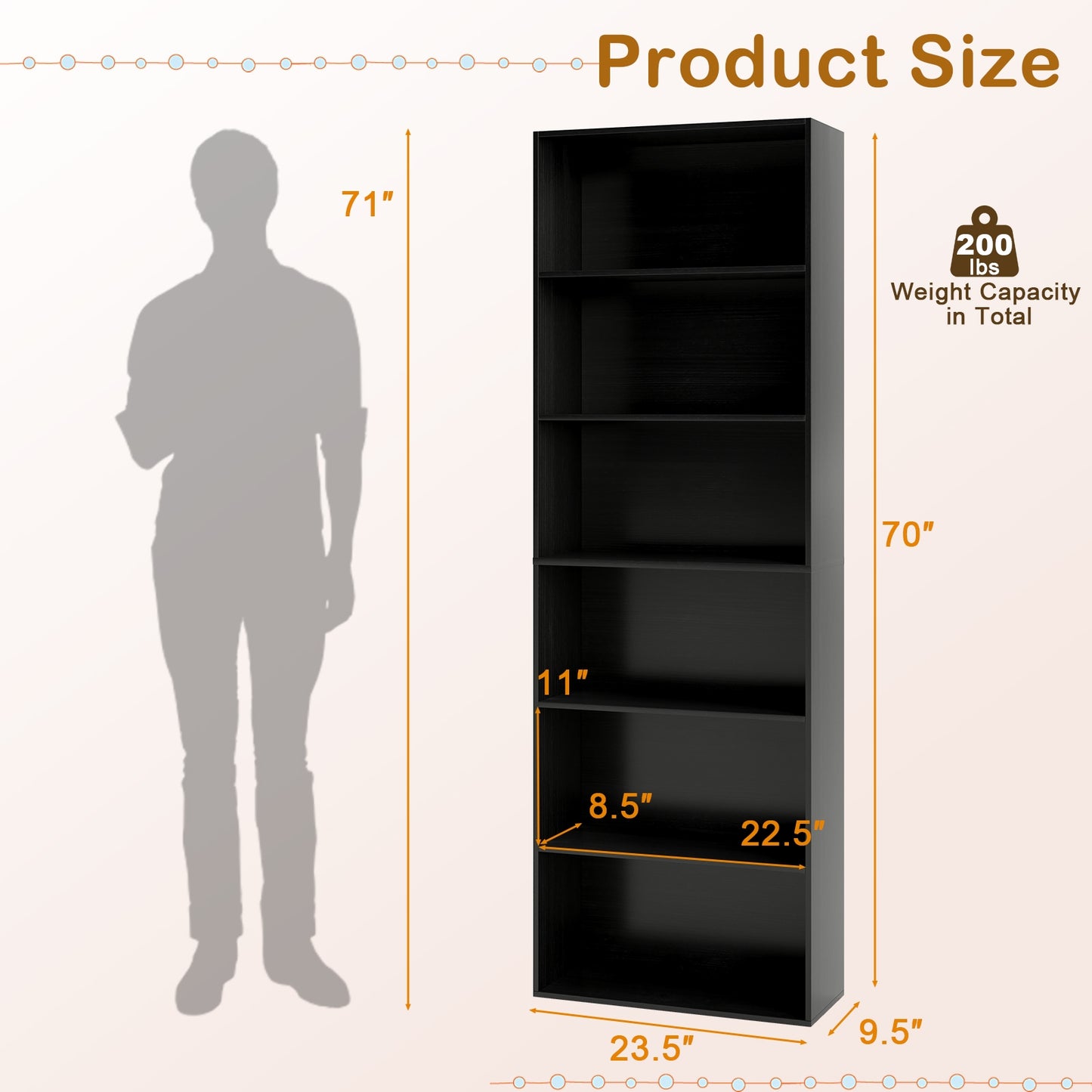 6-Tier Bookcase with 6 Open Shelves and Anti-Toppling Kits-Black Kids Crystal